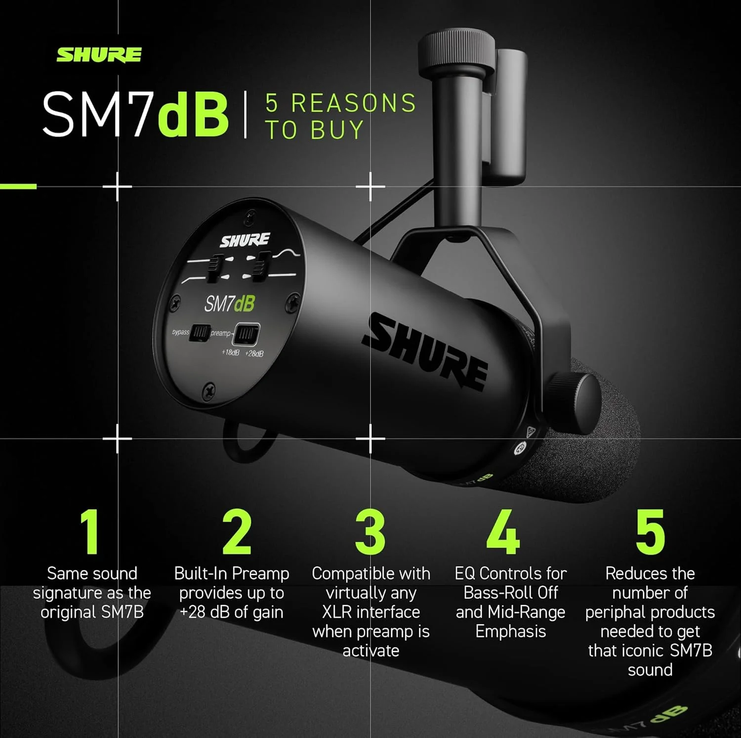 میکروفون دینامیک وکال Shure SM7dB با پری امپ داخلی برای استریم، پادکست و ضبط، فرکانس گسترده، صدای گرم و نرم، ساختار مقاوم، بادگیر جداشدنی - مشکی میکروفون دینامیک وکال Shure SM7dB با پری امپ داخلی برای استریم، پادکست و ضبط، فرکانس گسترده، صدای گرم و نرم، ساختار مقاوم، بادگیر جداشدنی - مشکی
