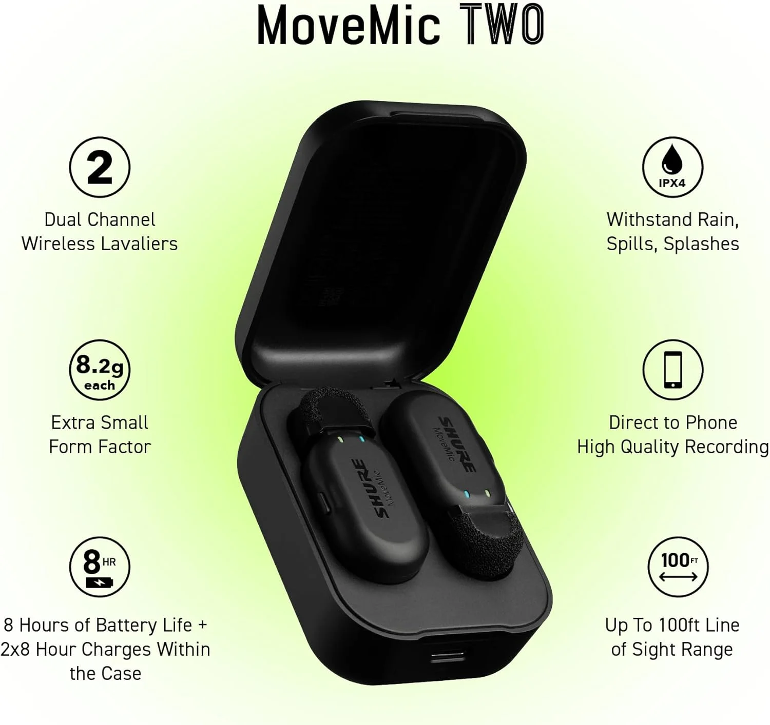 سیستم میکروفون یقه ای بی سیم دو کاناله Shure MoveMic Two، ضبط صدای ممتاز و قابل حمل، مناسب برای تولیدکنندگان محتوا، مشکی