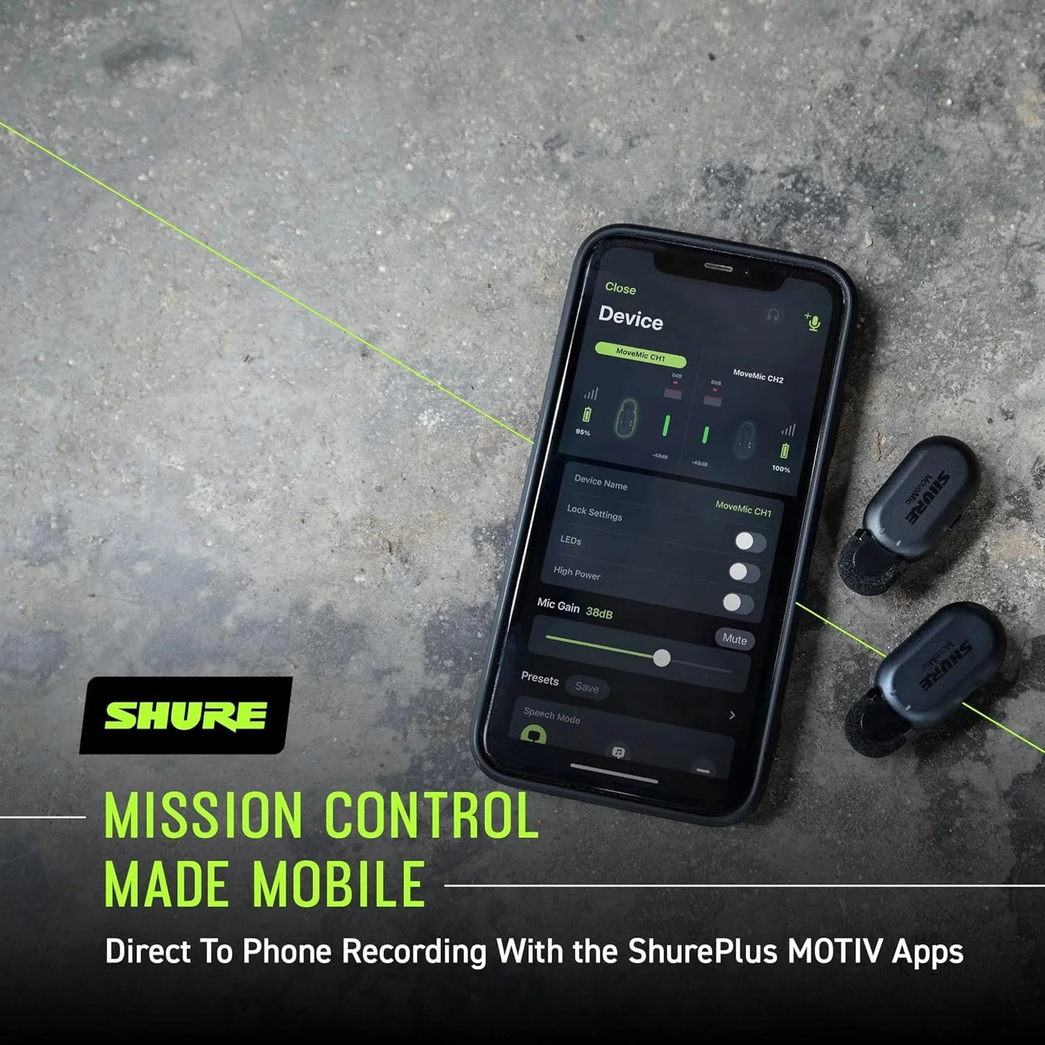 سیستم میکروفون یقه ای بی سیم دو کاناله Shure MoveMic Two، ضبط صدای ممتاز و قابل حمل، مناسب برای تولیدکنندگان محتوا، مشکی