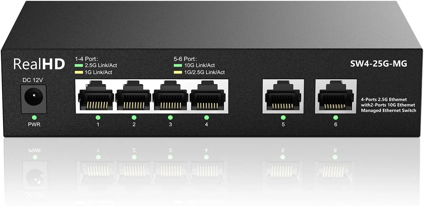 سوئیچ شبکه اترنت مدیریت شده 6 پورت 10 گیگابیتی | 2 پورت 10 گیگابیتی RJ-45 | 4 پورت 2.5 گیگابیتی Base-T | سوئیچ چند گیگابیتی 10-100-1000 مگابیت بر ثانیه | پهنای باند 60G | سوئیچ اینترنت فلزی بدون فن