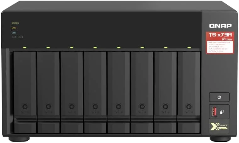 کیونپ TS-873A-8G NAS هشت خلیجی با کارایی بالا، دارای 2 پورت 2.5GbE، اسلات های PCIe، مشکی، فلزی، قابل نصب در رک، سازگار با هارد دیسک 3.5 اینچی، SSD M.2 NVMe، کارت PCIe
