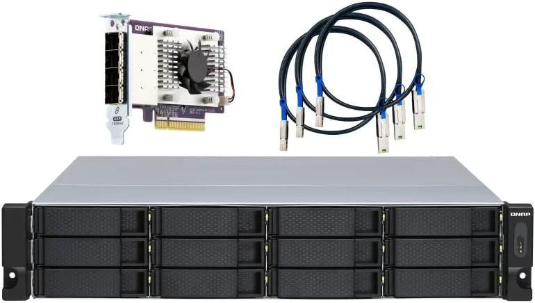 QNAP TL-R1200S-RP محفظه ذخیره سازی JBOD با 12 جایگاه 2U Rackmount SATA 6Gbps به همراه منبع تغذیه Redundant و کارت رابط PCIe SATA (QXP-1600eS)