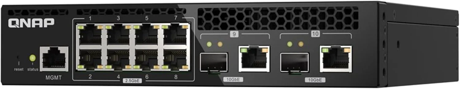 سوئیچ مدیریتی لایه 2 رک مونت نیمه عرض کیونپ با 10 پورت 10GbE، دارای 2 پورت کمبو 10GbE SFP+/RJ45 و 8 پورت 2.5GbE RJ45 (QSW-M2108R-2C-US)