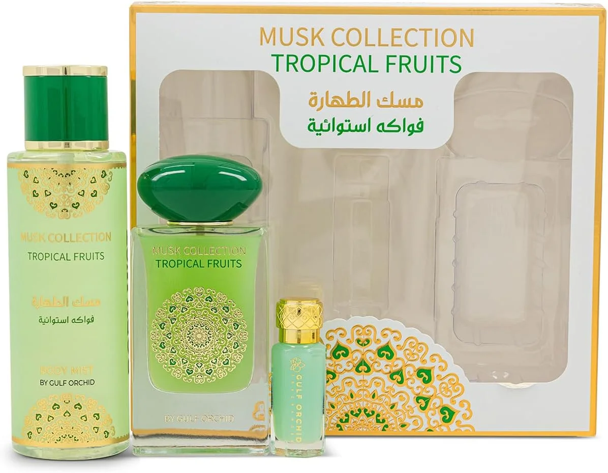 مجموعه هدیه عطر میوه های استوایی ماسک گلف ارکید، بادی میست 250 میلی لیتر، روغن عطر غلیظ 12 میلی لیتر، ادو پرفیوم 60 میلی لیتر، عطر مردانه، عطر زنانه