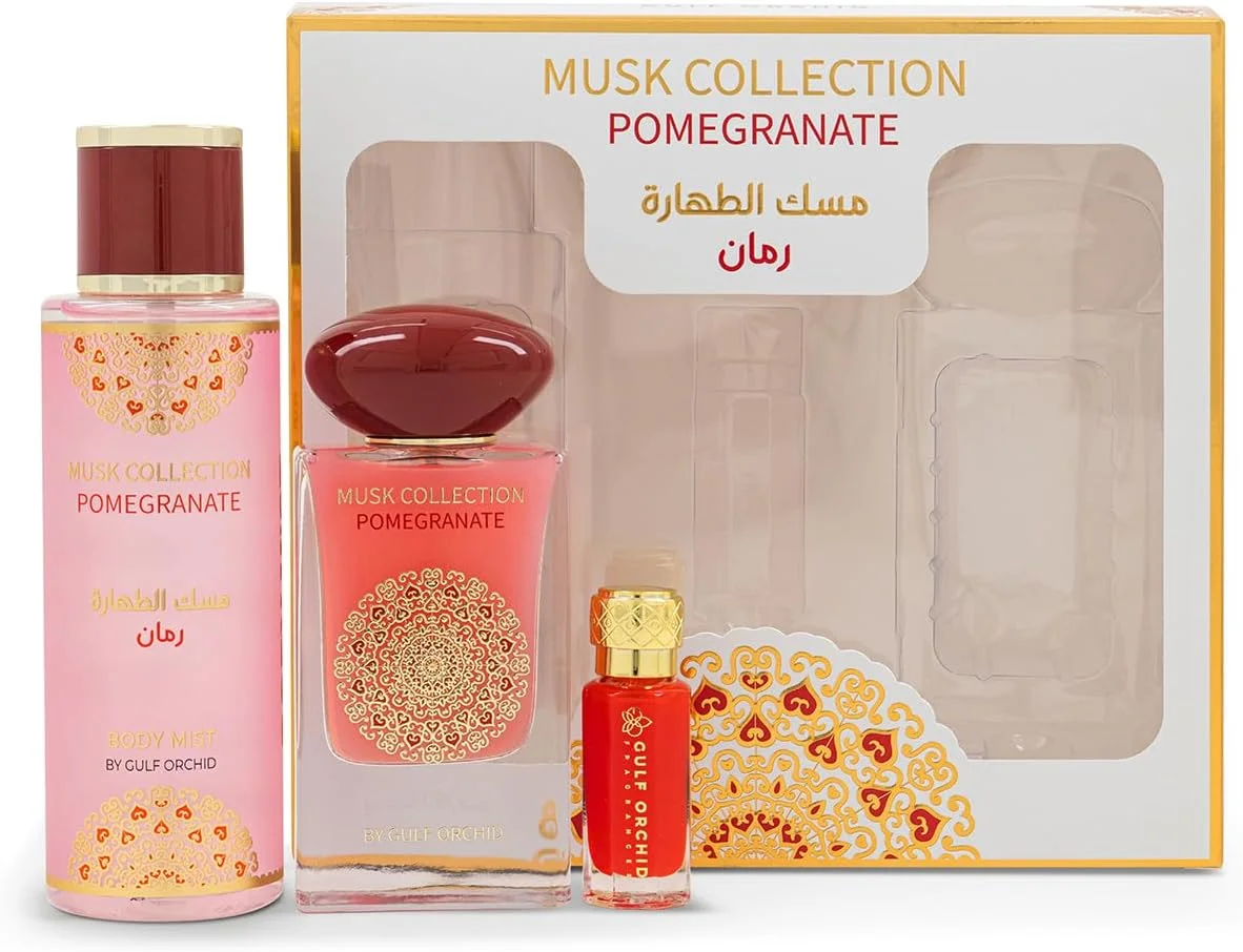 مجموعه عطر گل ارکیده خلیج فارس با رایحه انار، شامل بادی میست 250 میلی لیتر، روغن عطر غلیظ 12 میلی لیتر و ادو پرفیوم 60 میلی لیتر، عطر مردانه و عطر زنانه
