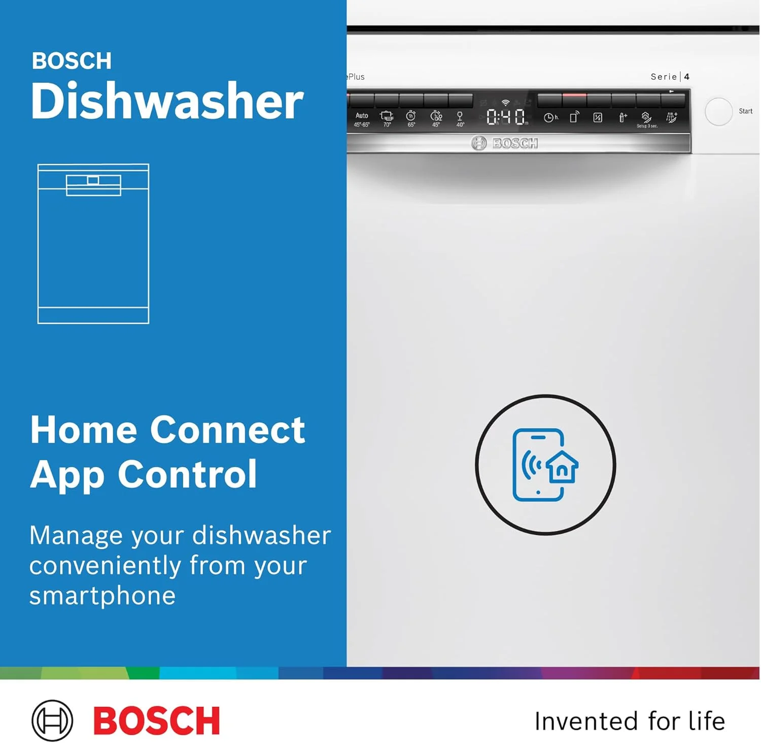 ماشین ظرفشویی ایستاده بوش سری 4، 60 سانتی متر، 14 نفره، مجهز به Home Connect برای نظارت و کنترل از راه دور، 1 سال گارانتی تولید، مدل SMS4HMW65M سفید