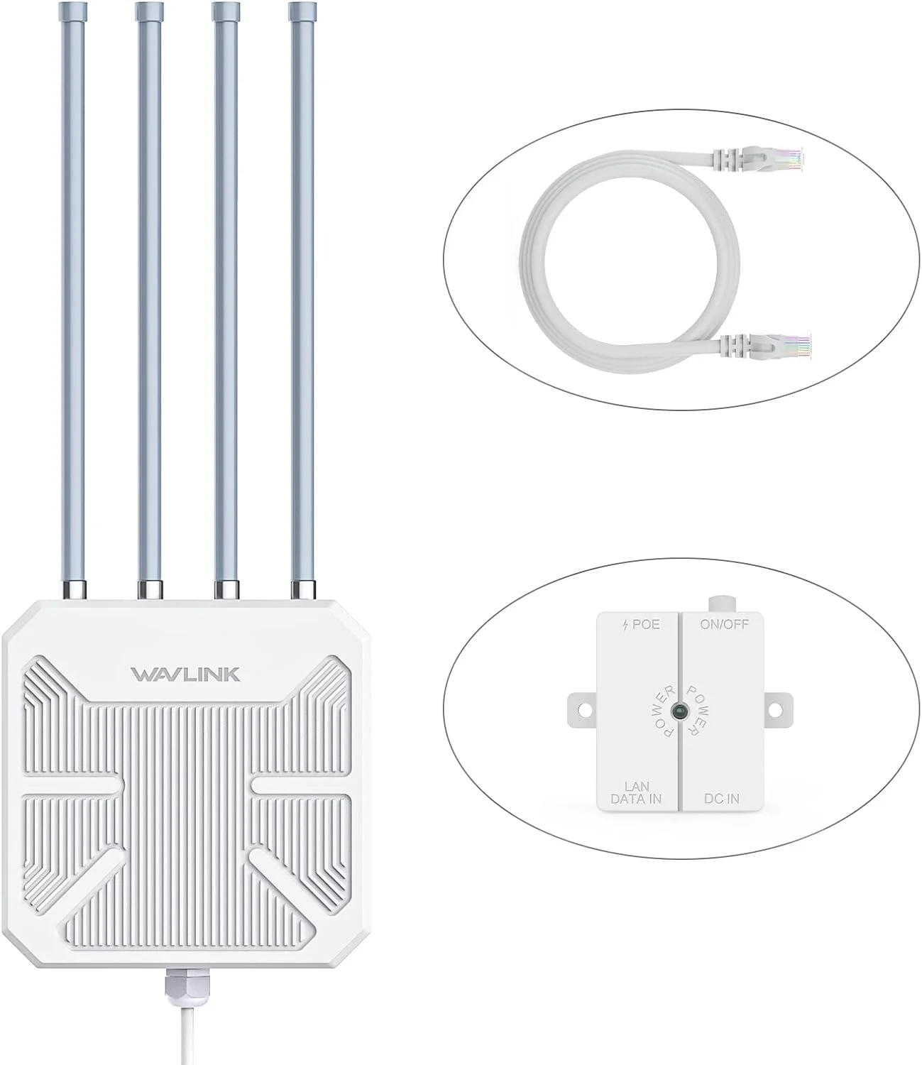 تقویت کننده وای فای بیرونی WAVLINK، اکسس پوینت/تکرار کننده/روتر بی سیم بیرونی WiFi6، دو بانده 2.4G+5G AX1800 Mesh با PoE/4x8dBi آنتن/محفظه ضد آب IP67