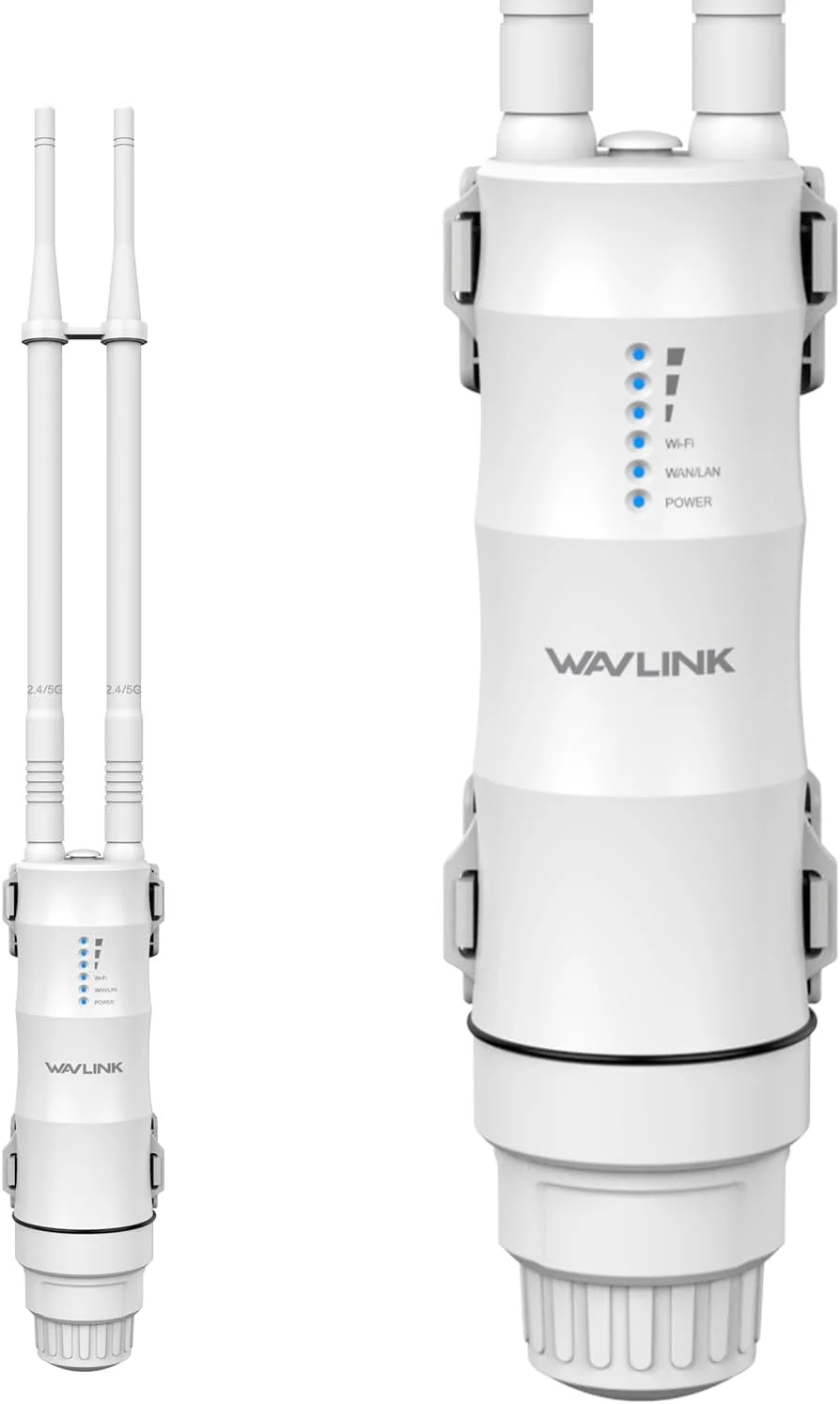 تقویت کننده/اکسس پوینت بی سیم وای فای برد بلند بیرونی WAVLINK AC1200 با POE فعال/غیرفعال، پورت WAN/LAN، ضد آب IP67، دو باند 5G+2.4G، 2 آنتن 7dBi، پشتیبانی از حالت های روتر/AP/تکرار کننده
