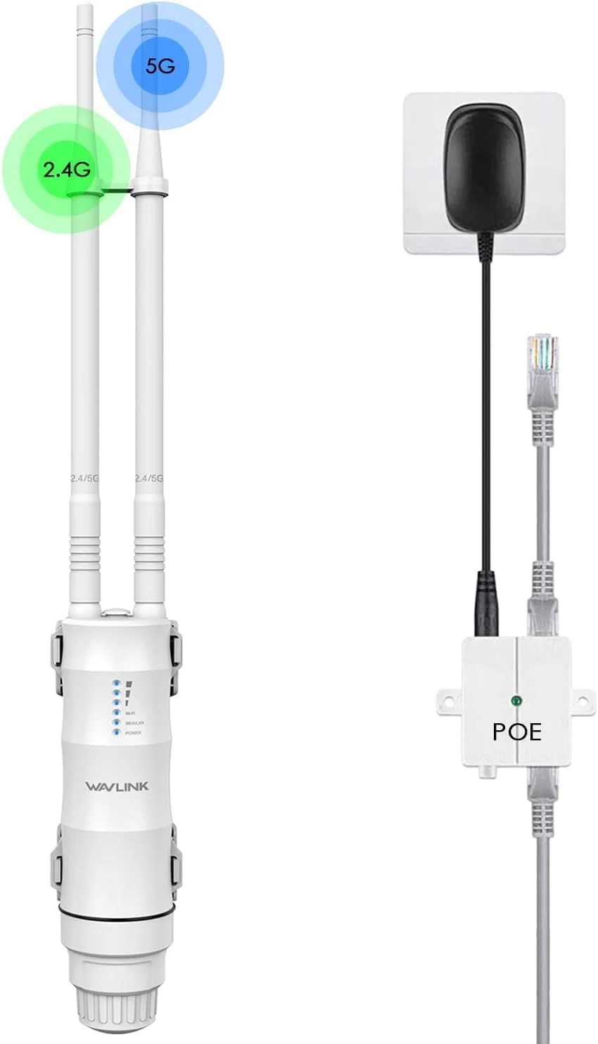 تقویت کننده وای فای بیرونی WAVLINK AC600، برد بلند 2025 دو بانده 2.4 گیگاهرتز + 5 گیگاهرتز، نقطه دسترسی وای فای ضد آب با POE، تقویت کننده سیگنال پرقدرت، حالت روتر/AP/تکرار کننده، 2 آنتن 7dBi برای خانه و حیاط