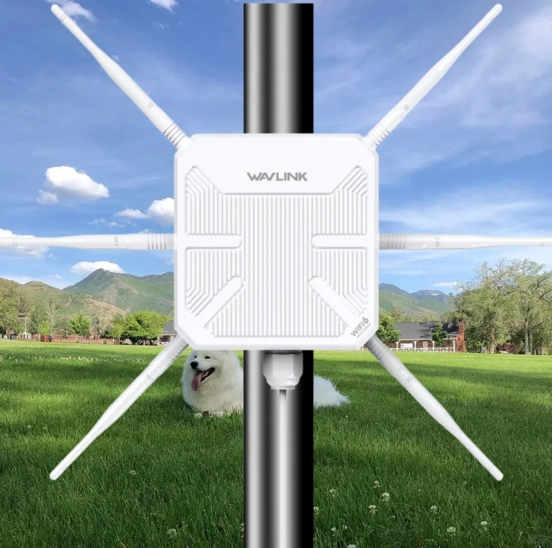 تقویت کننده وای فای بیرونی WAVLINK AX3000، اکسس پوینت/تکرار کننده وای فای 6 با دو باند/PoE/IP67 ضد آب/6 آنتن 7dBi، سازگار با Starlink، پشتیبانی از 256 دستگاه برای کمپینگ و حیاط بزرگ
