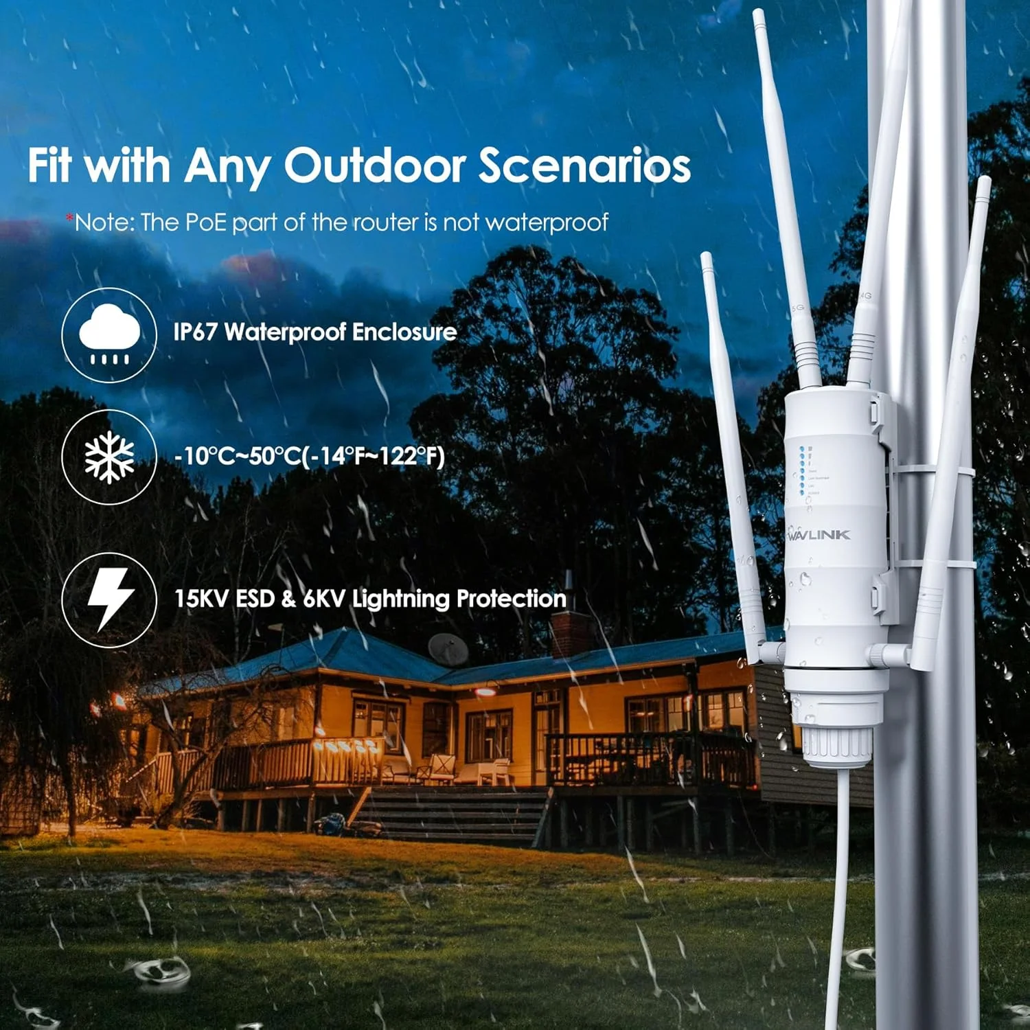 تقویت کننده WiFi بیرونی WAVLINK AC1200 - برد بلند 300 متری/1000 فوت، دو بانده 2.4G/5G نقطه دسترسی ضد آب با پورت های گیگابیتی PoE+، شبکه مش و حالت های AP/Repeater (دارای گواهی IP65) تقویت کننده WiFi بیرونی WAVLINK AC1200 - برد بلند 300 متری/1000 فوت، دو بانده 2.4G/5G نقطه دسترسی ضد آب با پورت های گیگابیتی PoE+، شبکه مش و حالت های AP/Repeater (دارای گواهی IP65)