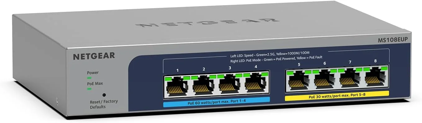 سوئیچ اترنت چند گیگابیتی 8 پورت Ultra60 PoE نت گیر (MS108EUP) - مدیریت شده، با 4 پورت PoE++ و 4 پورت PoE+ @ 230W، قابل نصب روی میز یا دیوار، و محافظت مادام العمر محدود