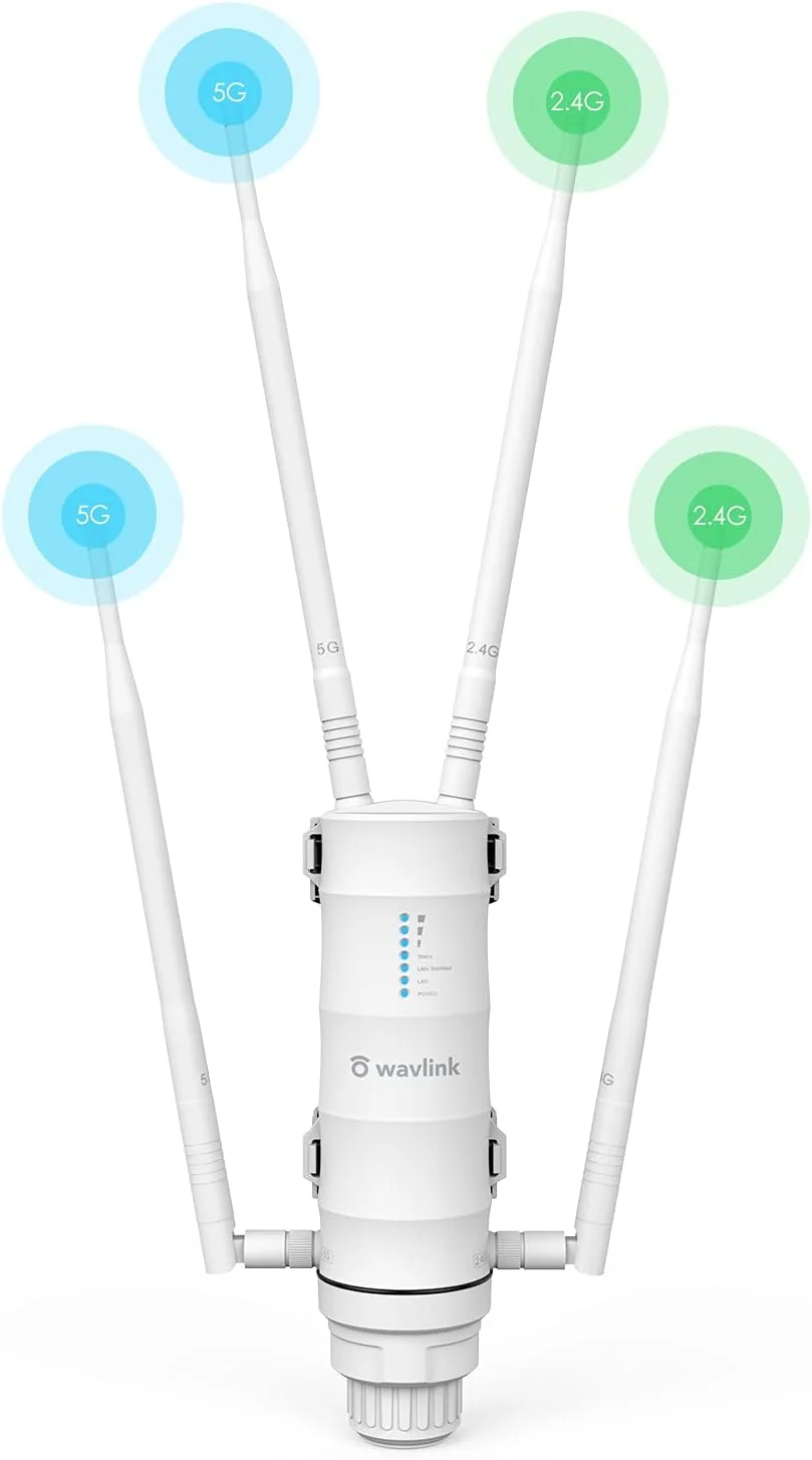 تقویت کننده برد وای فای بیرونی AC1200، اکسس پوینت بیرونی ضد آب WAVLINK با POE، تقویت کننده سیگنال وای فای دوربرد و پرقدرت، دو باند 2.4/5 گیگاهرتز، پشتیبانی از حالت های WiFi AP/Repeater/Router.