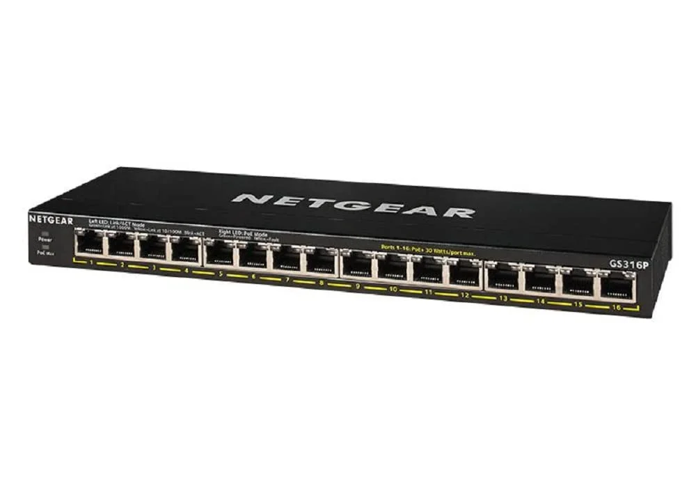 سوئیچ غیر مدیریتی 16 پورت گیگابیتی اترنت PoE+ نت گیر (GS316P) - با 16 پورت PoE+ @ 115W، قابل نصب روی میز یا دیوار
