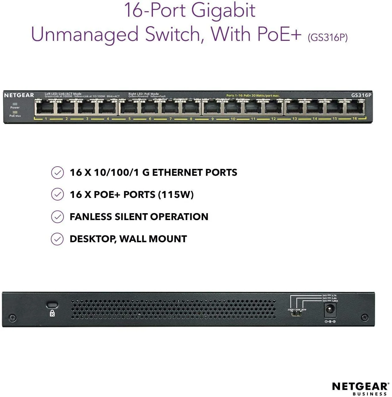 سوئیچ غیر مدیریتی 16 پورت گیگابیتی اترنت PoE+ نت گیر (GS316P) - با 16 پورت PoE+ @ 115W، قابل نصب روی میز یا دیوار سوئیچ غیر مدیریتی 16 پورت گیگابیتی اترنت PoE+ نت گیر (GS316P) - با 16 پورت PoE+ @ 115W، قابل نصب روی میز یا دیوار