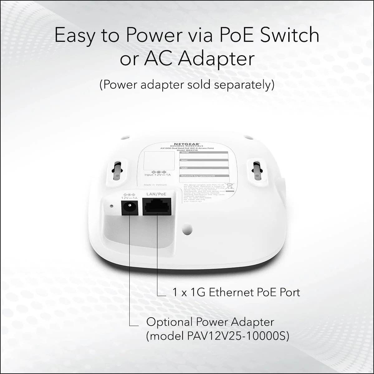 اکسس پوینت بیسیم NETGEAR (WAX210) - وای فای 6 دو بانده با سرعت AX1800 | 1 اتصال شبکه PoE 1G | تا 128 دستگاه | 802.11ax | WPA3 | تا 4 شبکه SSID، بدون منبع تغذیه اکسس پوینت بیسیم NETGEAR (WAX210) - وای فای 6 دو بانده با سرعت AX1800 | 1 اتصال شبکه PoE 1G | تا 128 دستگاه | 802.11ax | WPA3 | تا 4 شبکه SSID، بدون منبع تغذیه