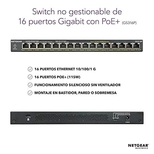 سوئیچ غیر مدیریتی 16 پورت گیگابیتی اترنت PoE+ نت گیر (GS316P) - با 16 پورت PoE+ @ 115W، قابل نصب روی میز یا دیوار سوئیچ غیر مدیریتی 16 پورت گیگابیتی اترنت PoE+ نت گیر (GS316P) - با 16 پورت PoE+ @ 115W، قابل نصب روی میز یا دیوار