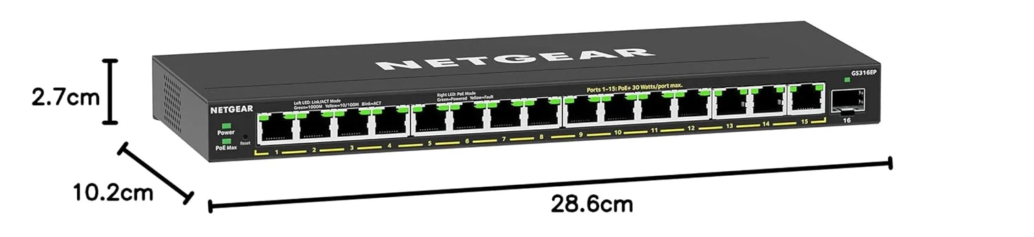 سوئیچ غیر مدیریتی 16 پورت گیگابیتی اترنت PoE+ نت گیر (GS316P) - با 16 پورت PoE+ @ 115W، قابل نصب روی میز یا دیوار سوئیچ غیر مدیریتی 16 پورت گیگابیتی اترنت PoE+ نت گیر (GS316P) - با 16 پورت PoE+ @ 115W، قابل نصب روی میز یا دیوار