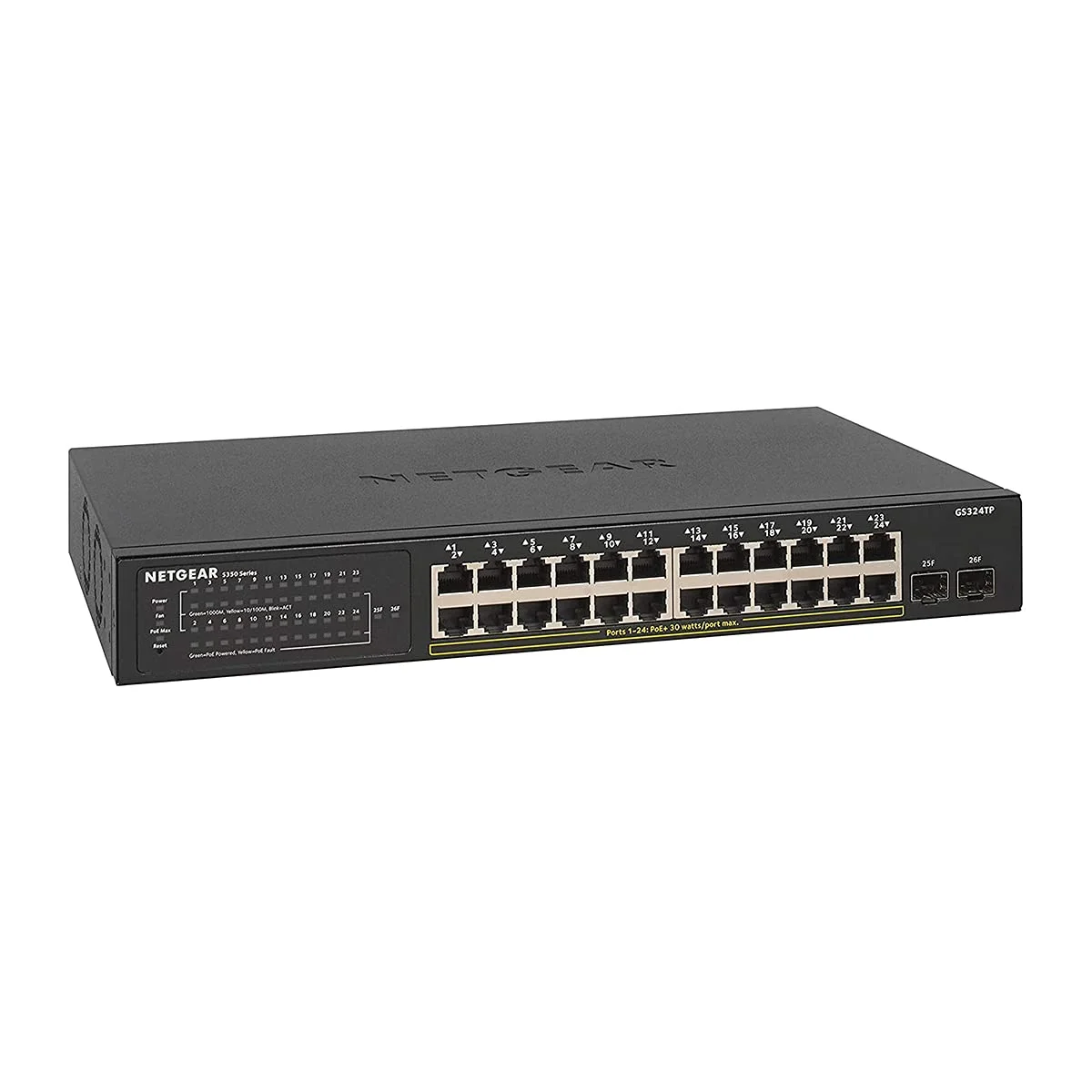 سوئیچ شبکه مدیریتی هوشمند 24 پورت PoE+ نت گیر مدل GS324TP به همراه 2 پورت SFP گیگابیتی، هاب، اسپلیتر اینترنت، قابل نصب رومیزی/رک مونت، VLAN، IGMP، QoS با گارانتی مادام العمر