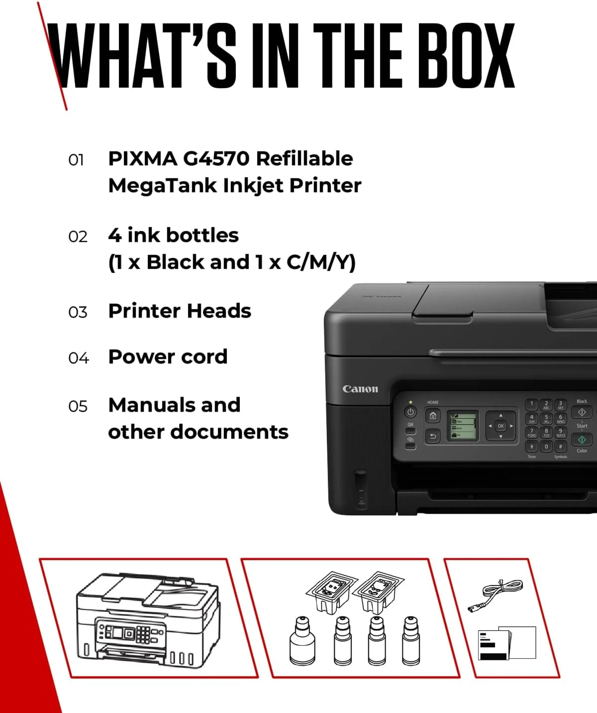 پرینتر جوهرافشان چندکاره رنگی بیسیم کانن PIXMA G4570 با مخزن بزرگ قابل شارژ - چاپ A4، کپی، اسکن، فکس - Wi-Fi، اتصال ابری - ظرفیت 100 برگه، ADF - سازگار با Mac، Windows، Chrome پرینتر جوهرافشان چندکاره رنگی بیسیم کانن PIXMA G4570 با مخزن بزرگ قابل شارژ - چاپ A4، کپی، اسکن، فکس - Wi-Fi، اتصال ابری - ظرفیت 100 برگه، ADF - سازگار با Mac، Windows، Chrome
