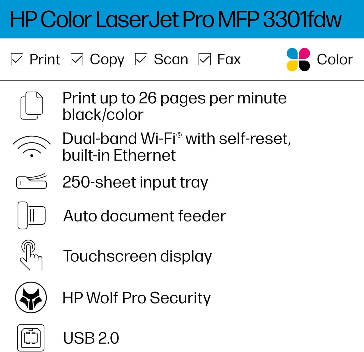 پرینتر لیزری رنگی چندکاره HP Color LaserJet Pro MFP 3301fdw، پرینتر اداری، اسکنر، کپی، فکس، ADF، دورو، بهترین برای دفتر کار (499Q5F) پرینتر لیزری رنگی چندکاره HP Color LaserJet Pro MFP 3301fdw، پرینتر اداری، اسکنر، کپی، فکس، ADF، دورو، بهترین برای دفتر کار (499Q5F)