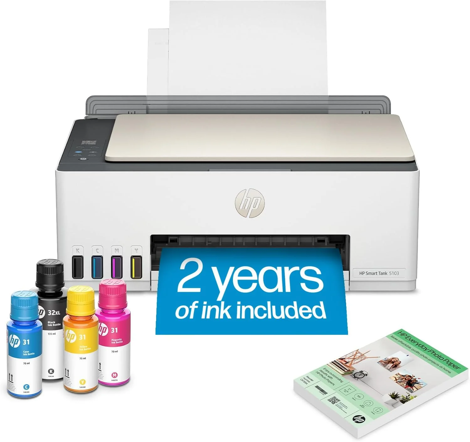 پرینتر مخزن دار جوهر افشان چندکاره بی سیم HP Smart Tank 5103 با 2 سال جوهر و 100 برگ کاغذ عکس، پرینت، اسکن، کپی، بهترین برای خانه، مخزن جوهر قابل شارژ (5D1B2A)