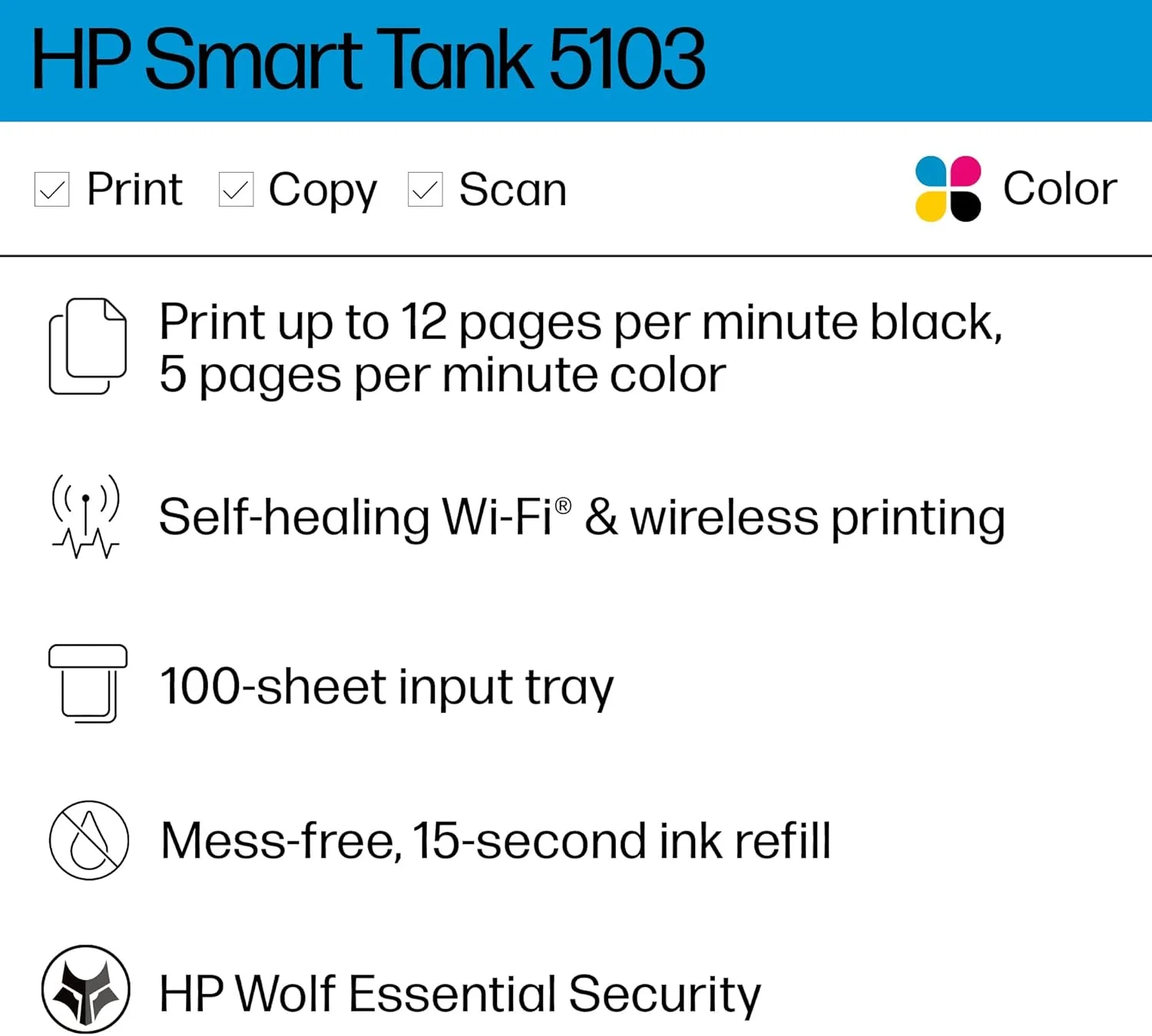 پرینتر مخزن دار جوهر افشان چندکاره بی سیم HP Smart Tank 5103 با 2 سال جوهر و 100 برگ کاغذ عکس، پرینت، اسکن، کپی، بهترین برای خانه، مخزن جوهر قابل شارژ (5D1B2A) پرینتر مخزن دار جوهر افشان چندکاره بی سیم HP Smart Tank 5103 با 2 سال جوهر و 100 برگ کاغذ عکس، پرینت، اسکن، کپی، بهترین برای خانه، مخزن جوهر قابل شارژ (5D1B2A)