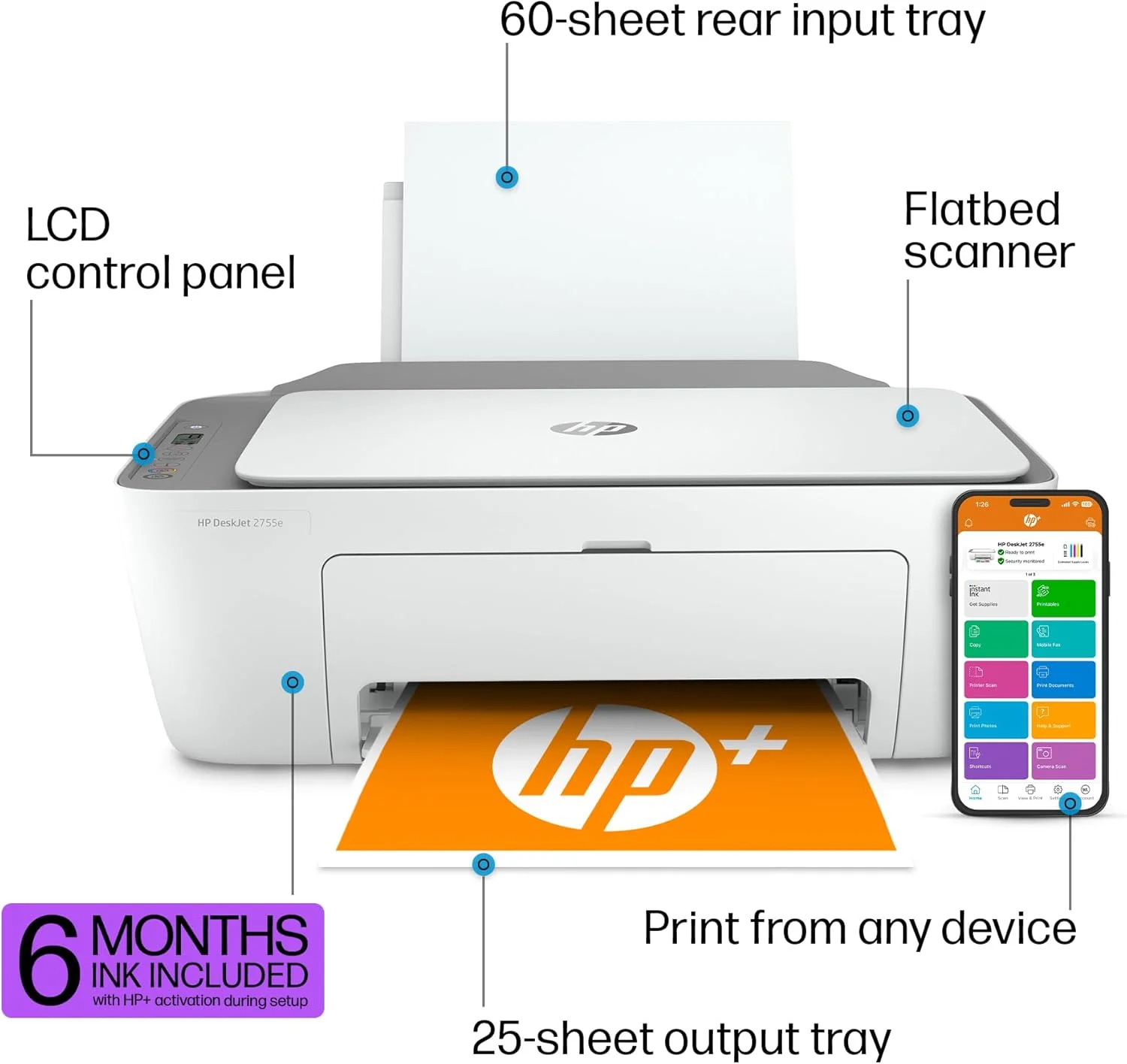 پرینتر جوهرافشان رنگی بی سیم HP DeskJet 2755e، چاپ، اسکن، کپی، راه اندازی آسان، چاپ موبایل، بهترین برای خانه، 3 ماه اشتراک Instant Ink، سفید پرینتر جوهرافشان رنگی بی سیم HP DeskJet 2755e، چاپ، اسکن، کپی، راه اندازی آسان، چاپ موبایل، بهترین برای خانه، 3 ماه اشتراک Instant Ink، سفید