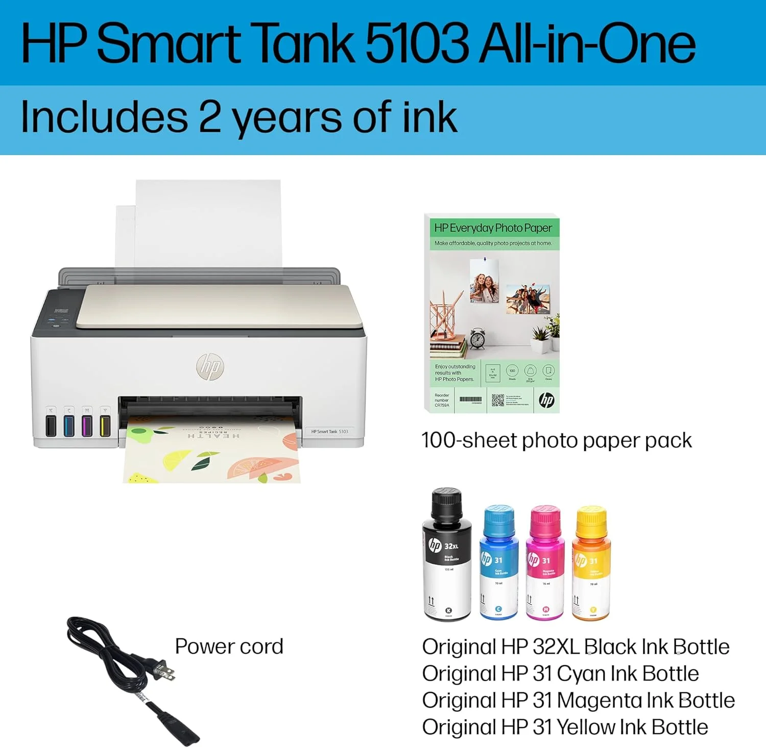 پرینتر مخزن دار جوهر افشان چندکاره بی سیم HP Smart Tank 5103 با 2 سال جوهر و 100 برگ کاغذ عکس، پرینت، اسکن، کپی، بهترین برای خانه، مخزن جوهر قابل شارژ (5D1B2A) پرینتر مخزن دار جوهر افشان چندکاره بی سیم HP Smart Tank 5103 با 2 سال جوهر و 100 برگ کاغذ عکس، پرینت، اسکن، کپی، بهترین برای خانه، مخزن جوهر قابل شارژ (5D1B2A)