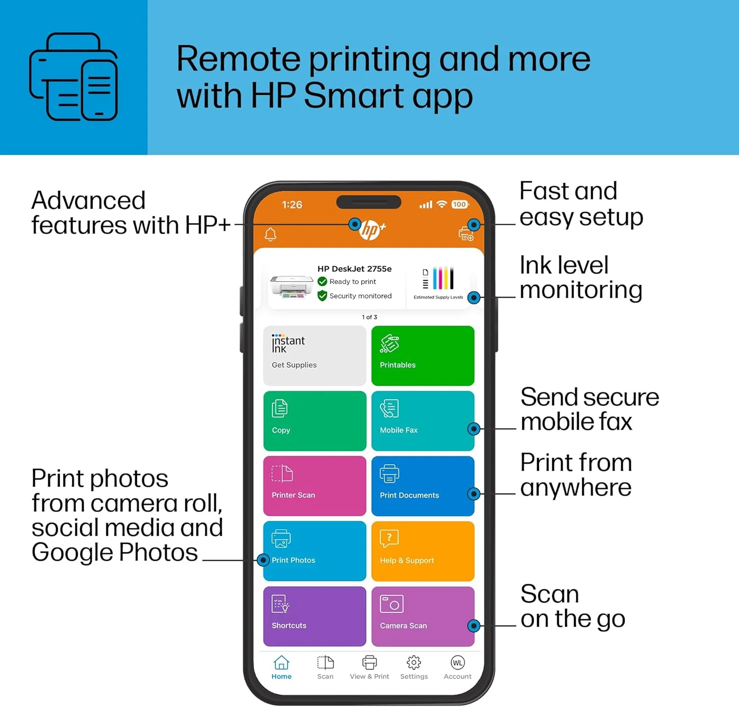 پرینتر جوهرافشان رنگی بی سیم HP DeskJet 2755e، چاپ، اسکن، کپی، راه اندازی آسان، چاپ موبایل، بهترین برای خانه، 3 ماه اشتراک Instant Ink، سفید پرینتر جوهرافشان رنگی بی سیم HP DeskJet 2755e، چاپ، اسکن، کپی، راه اندازی آسان، چاپ موبایل، بهترین برای خانه، 3 ماه اشتراک Instant Ink، سفید