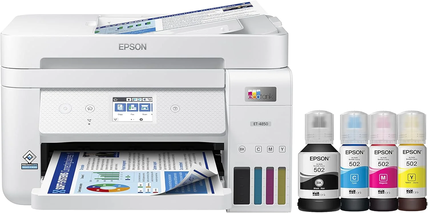 پرینتر جوهرافشان چندکاره بی سیم اپسون EcoTank ET 4850 بدون کارتریج با مخزن بزرگ، اسکنر، کپی، فکس، ADF و اترنت - پرینتر ایده آل برای دفتر کار شما، سفید، ET-4850 سفید، متوسط