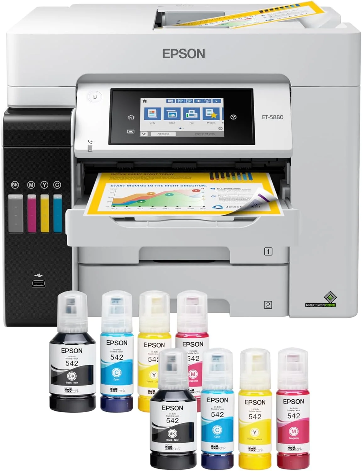 پرینتر جوهرافشان چندکاره رنگی اپسون EcoTank Pro ET-5880 با قابلیت اتصال بی‌سیم، اسکنر، کپی، فکس، اترنت و PCL/Postscript، سفید