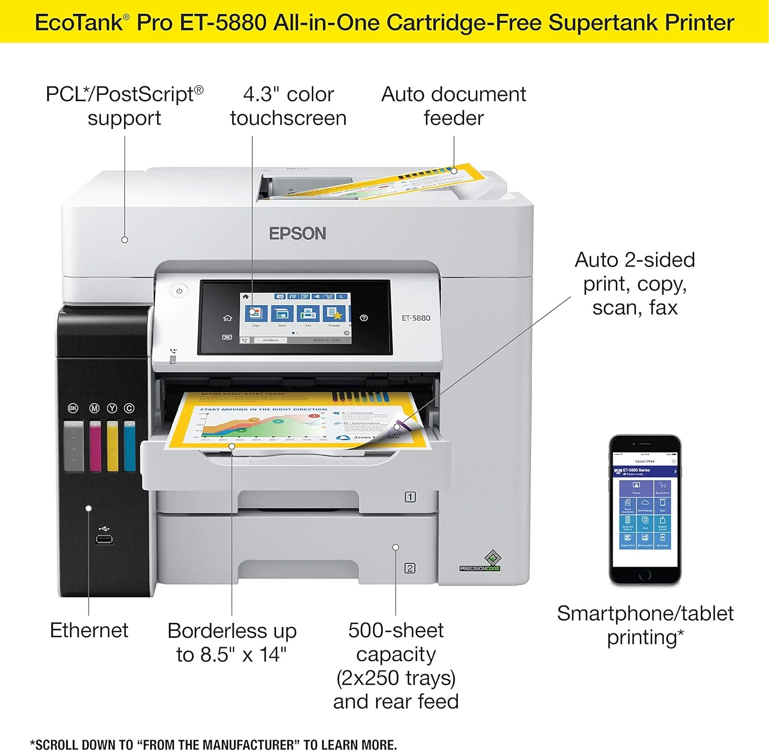 پرینتر جوهرافشان چندکاره رنگی اپسون EcoTank Pro ET-5880 با قابلیت اتصال بیسیم، اسکنر، کپی، فکس، اترنت و PCL/Postscript، سفید پرینتر جوهرافشان چندکاره رنگی اپسون EcoTank Pro ET-5880 با قابلیت اتصال بیسیم، اسکنر، کپی، فکس، اترنت و PCL/Postscript، سفید