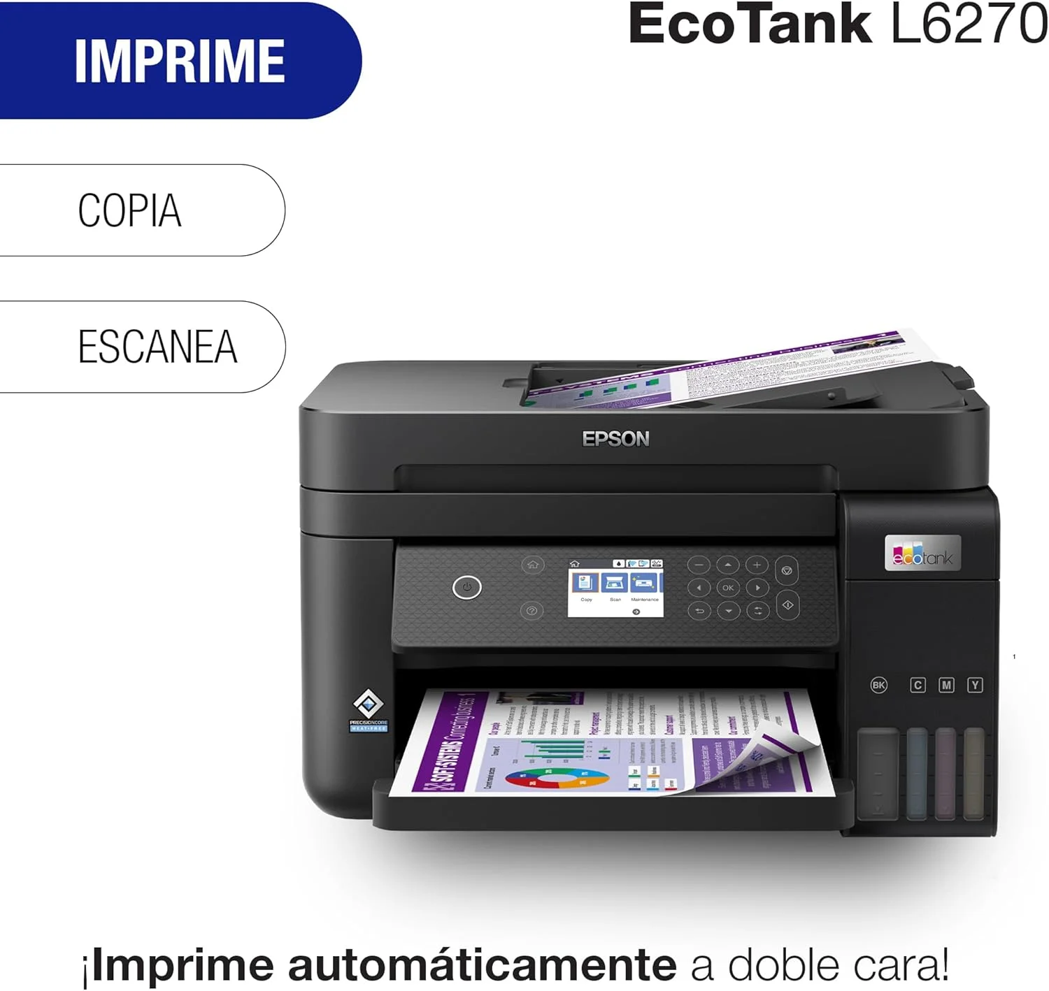 پرینتر چندکاره اپسون EcoTank L6270 با ADF و چاپ دورو، مخزن جوهر رنگی برای کسب و کار، اتصال Wi-Fi Direct و Ethernet