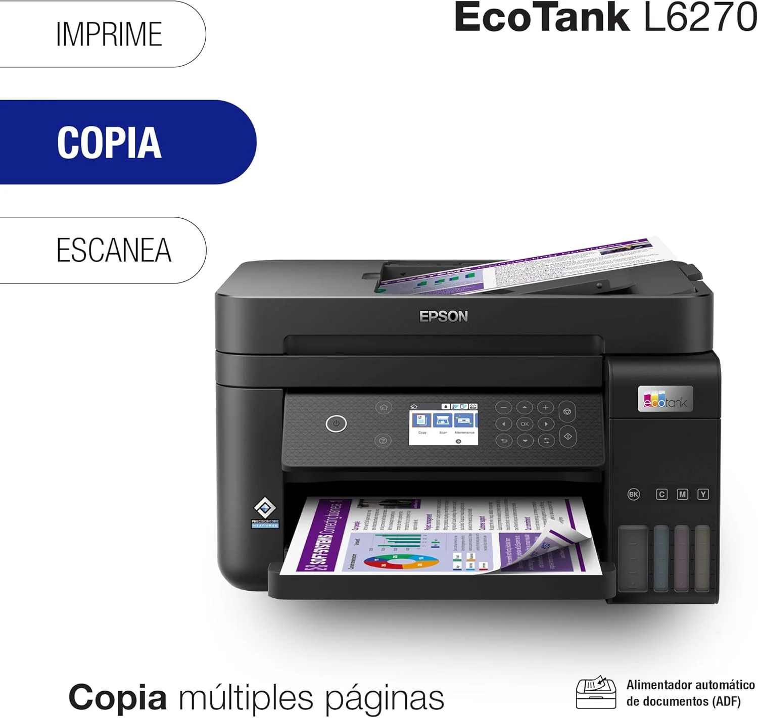 پرینتر چندکاره اپسون EcoTank L6270 با ADF و چاپ دورو، مخزن جوهر رنگی برای کسب و کار، اتصال Wi-Fi Direct و Ethernet