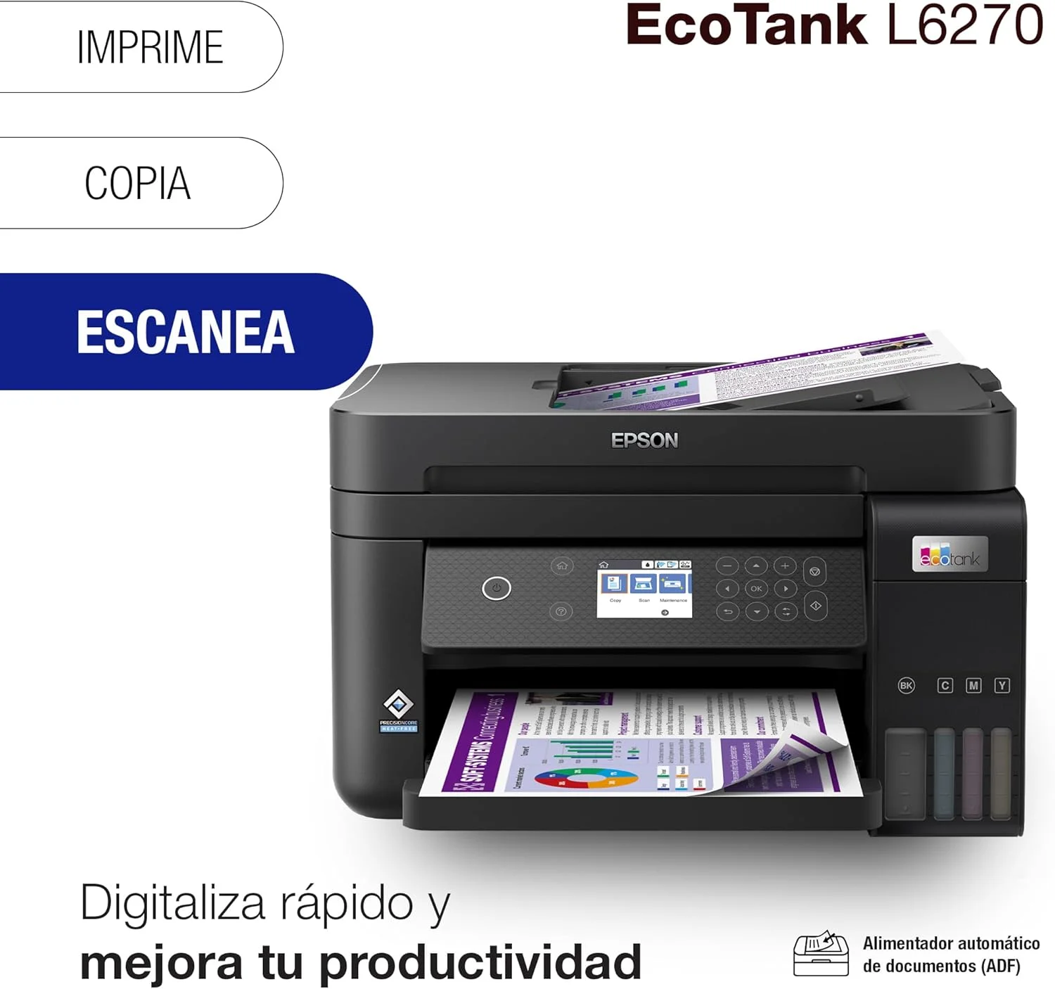 پرینتر چندکاره اپسون EcoTank L6270 با ADF و چاپ دورو، مخزن جوهر رنگی برای کسب و کار، اتصال Wi-Fi Direct و Ethernet