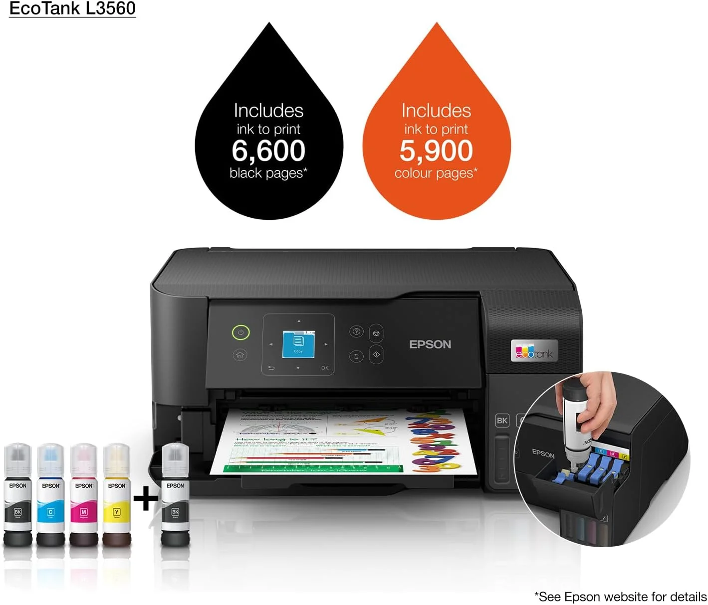 EPSON EcoTank L3560 Home Ink Tank Printer, High-speed A4 colour 3-in-1 printer with Wi-Fi Direct, Photo Printer, with Smart App connectivity,Black EPSON EcoTank L3560 Home Ink Tank Printer, High-speed A4 colour 3-in-1 printer with Wi-Fi Direct, Photo Printer, with Smart App connectivity,Black
