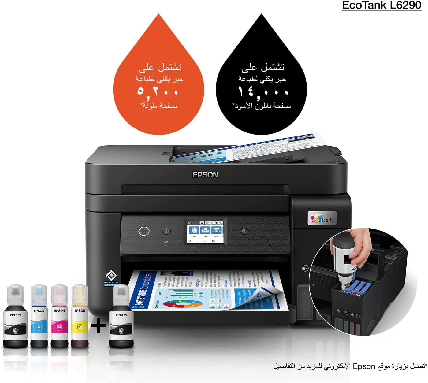 پرینتر مخزن جوهر افشان رنگی چندکاره A4 اپسون مدل Ecotank L6290 با ADF، وای فای، اتصال پنل هوشمند و صفحه نمایش LCD، مشکی، جمع و جور پرینتر مخزن جوهر افشان رنگی چندکاره A4 اپسون مدل Ecotank L6290 با ADF، وای فای، اتصال پنل هوشمند و صفحه نمایش LCD، مشکی، جمع و جور