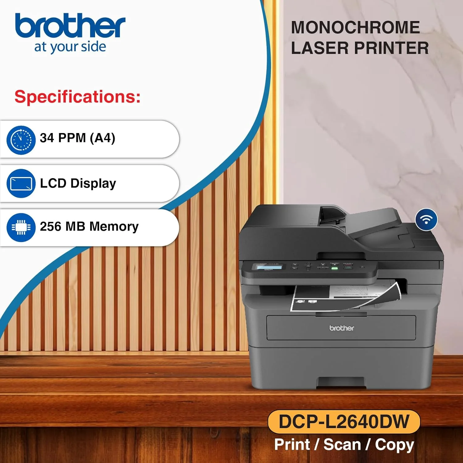 پرینتر لیزری تک رنگ بی سیم همه کاره Brother، مدل DCP-L2640DW، چاپ دو طرفه اتوماتیک، ADF، چاپ و اسکن موبایل، اتصال شبکه و USB پرسرعت، تونر با بازدهی بالا، مشکی