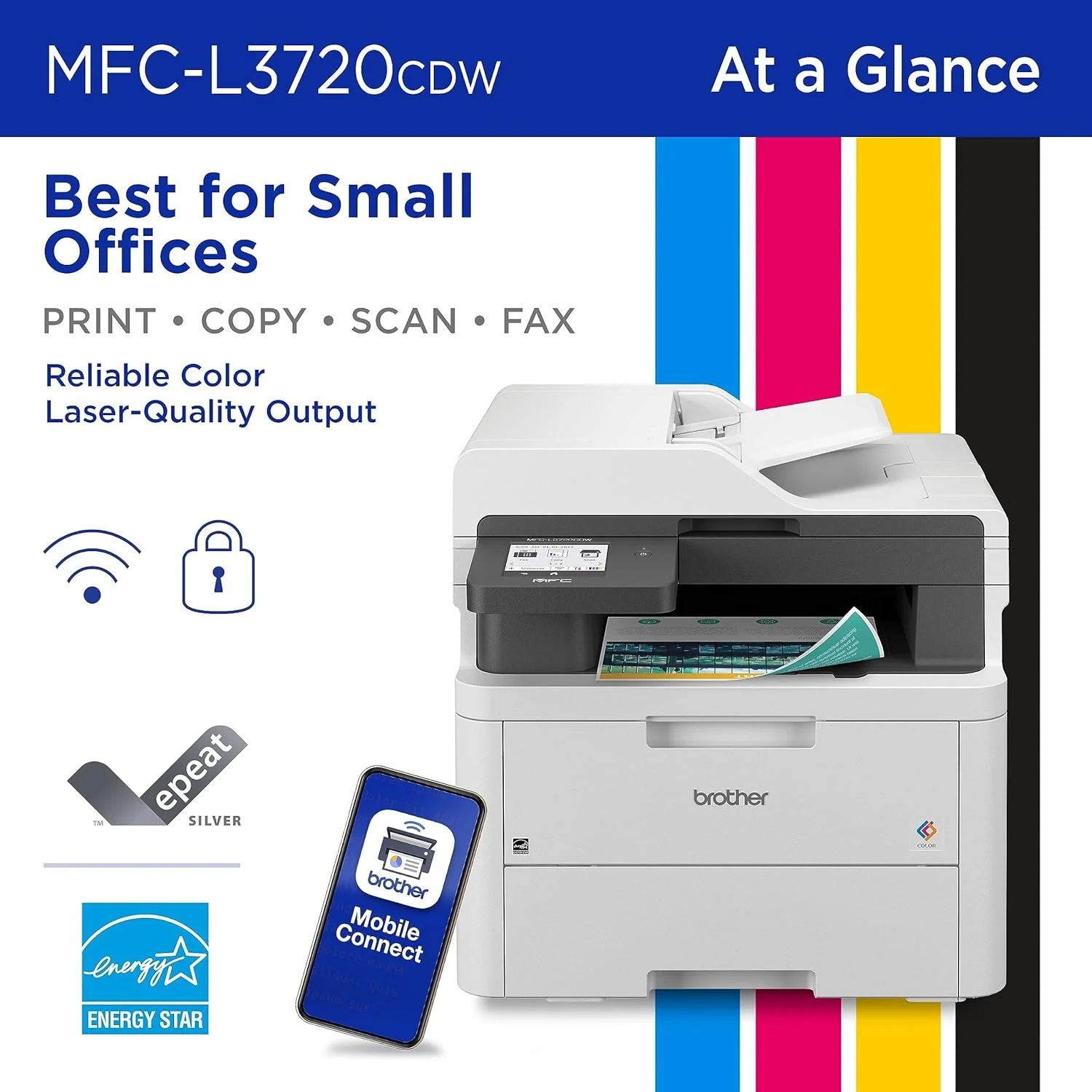 پرینتر چندکاره رنگی بی‌سیم Brother MFC-L3720CDW با خروجی با کیفیت لیزری، کپی، اسکن، فکس، دورو، موبایل، شامل اشتراک آزمایشی 4 ماهه Refresh ¹ و آماده برای Amazon Dash Replenishment