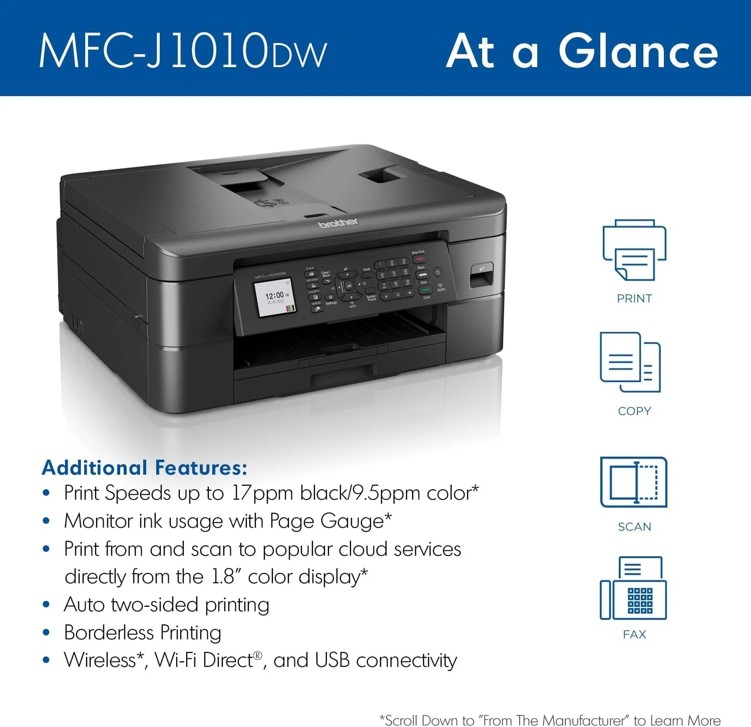 پرینتر جوهرافشان رنگی بیسیم چندکاره Brother MFC-J1010DW با قابلیت چاپ از دستگاههای موبایل و چاپ دورو، اشتراک Refresh و قابلیت Amazon Dash Replenishment (بازسازی شده ممتاز) پرینتر جوهرافشان رنگی بیسیم چندکاره Brother MFC-J1010DW با قابلیت چاپ از دستگاههای موبایل و چاپ دورو، اشتراک Refresh و قابلیت Amazon Dash Replenishment (بازسازی شده ممتاز)