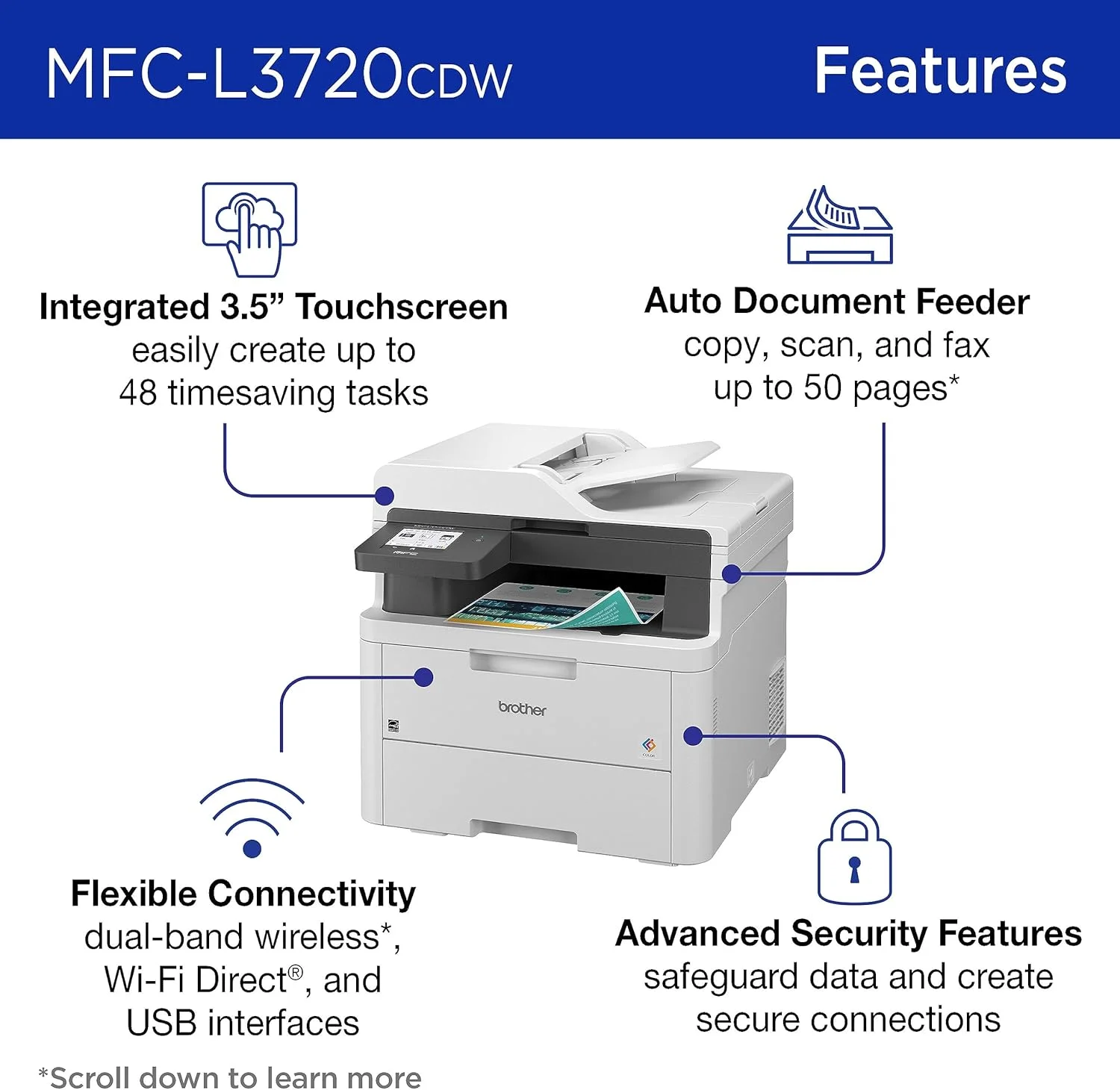پرینتر چندکاره رنگی بی‌سیم Brother MFC-L3720CDW با خروجی با کیفیت لیزری، کپی، اسکن، فکس، دورو، موبایل، شامل اشتراک آزمایشی 4 ماهه Refresh ¹ و آماده برای Amazon Dash Replenishment