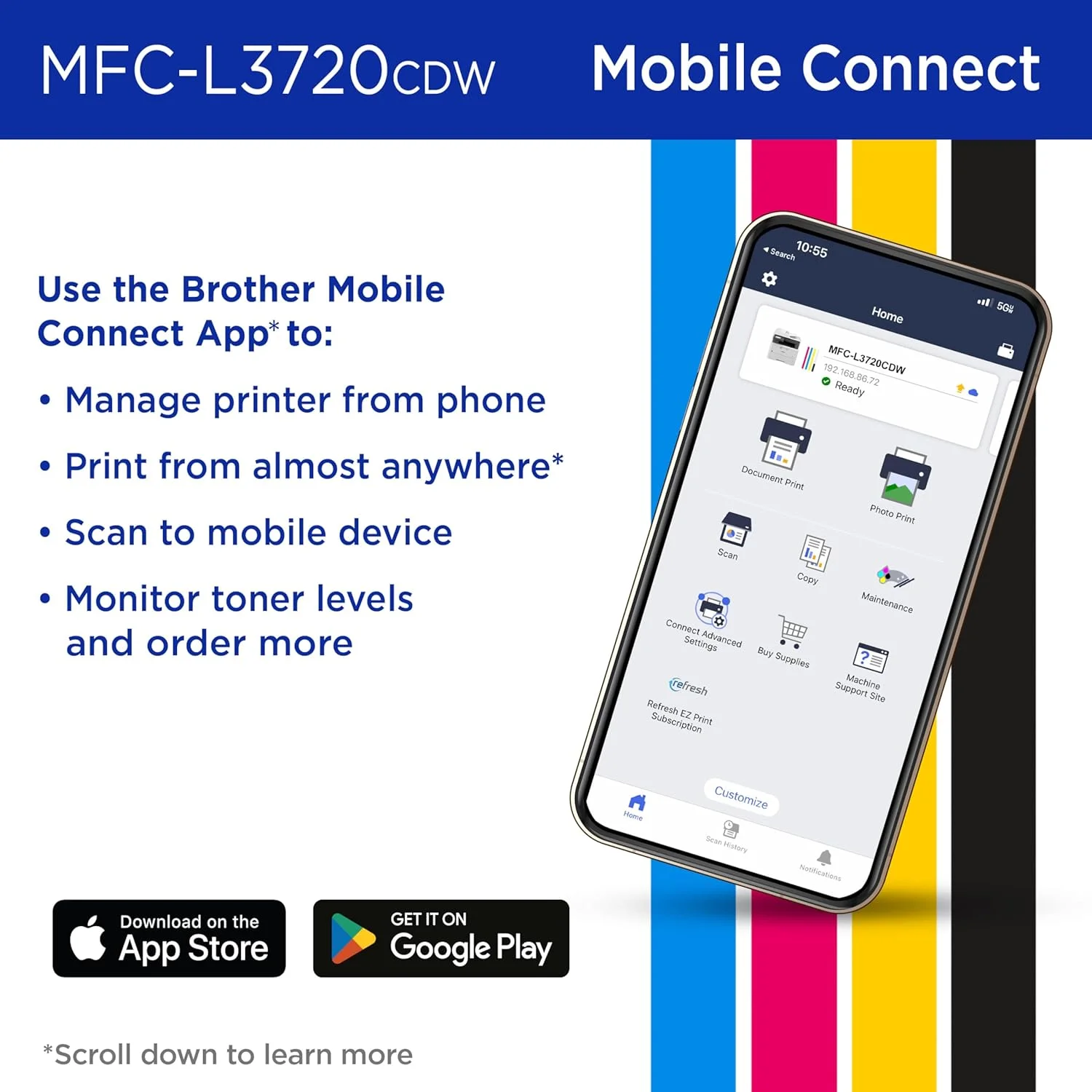 پرینتر چندکاره رنگی بی‌سیم Brother MFC-L3720CDW با خروجی با کیفیت لیزری، کپی، اسکن، فکس، دورو، موبایل، شامل اشتراک آزمایشی 4 ماهه Refresh ¹ و آماده برای Amazon Dash Replenishment