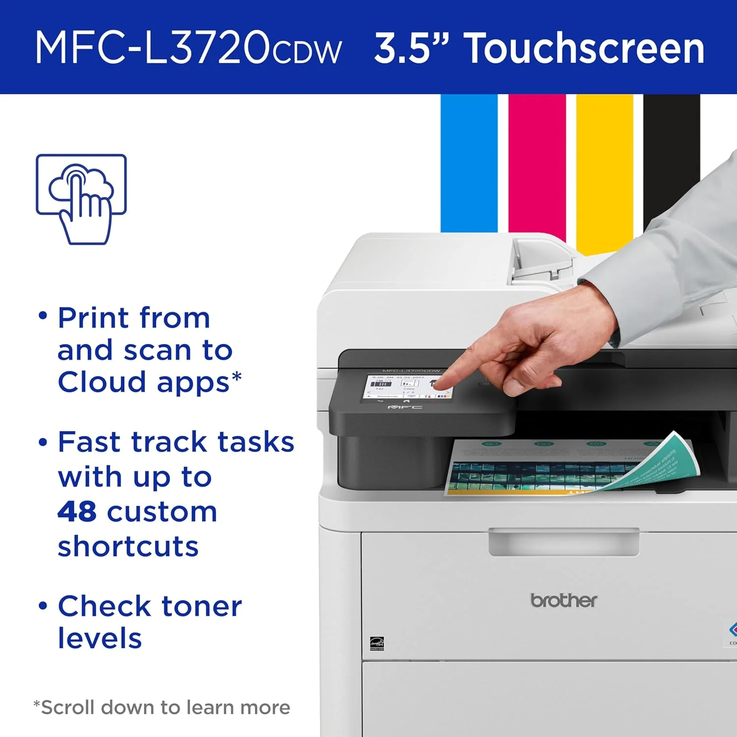 پرینتر چندکاره رنگی بی‌سیم Brother MFC-L3720CDW با خروجی با کیفیت لیزری، کپی، اسکن، فکس، دورو، موبایل، شامل اشتراک آزمایشی 4 ماهه Refresh ¹ و آماده برای Amazon Dash Replenishment
