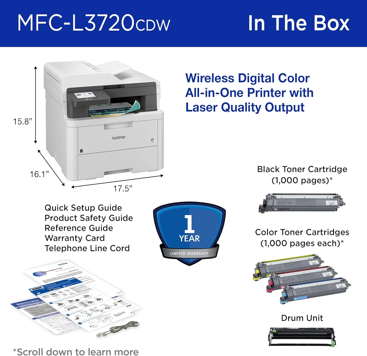 پرینتر چندکاره رنگی بی‌سیم Brother MFC-L3720CDW با خروجی با کیفیت لیزری، کپی، اسکن، فکس، دورو، موبایل، شامل اشتراک آزمایشی 4 ماهه Refresh ¹ و آماده برای Amazon Dash Replenishment