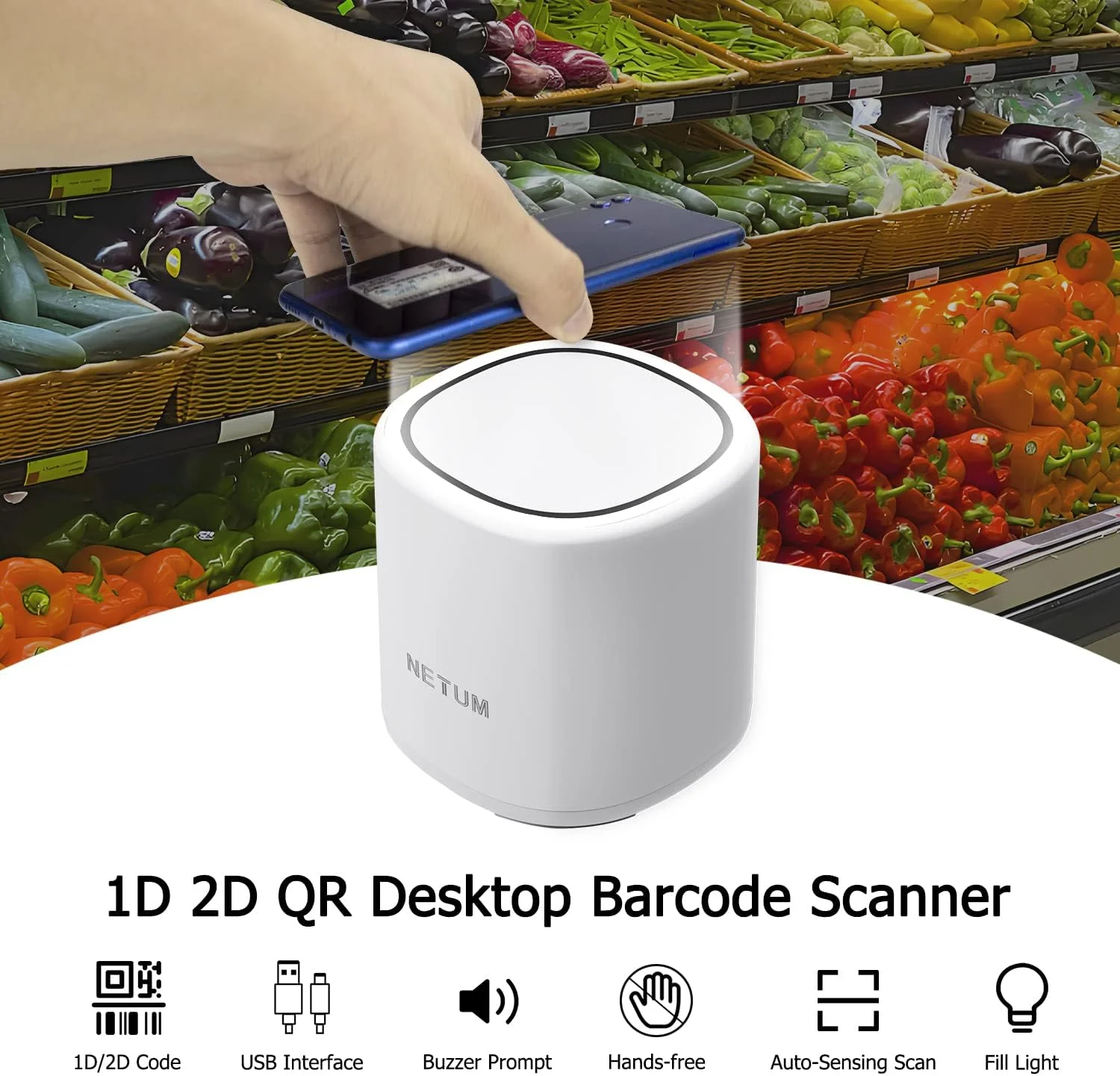 اسکنر کد QR پرداخت موبایلی NETUM، اسکنر بارکد دوبعدی سیمی USB رومیزی، اتصال و استفاده آسان برای فروشگاه های سوپرمارکت مدل NT-5090