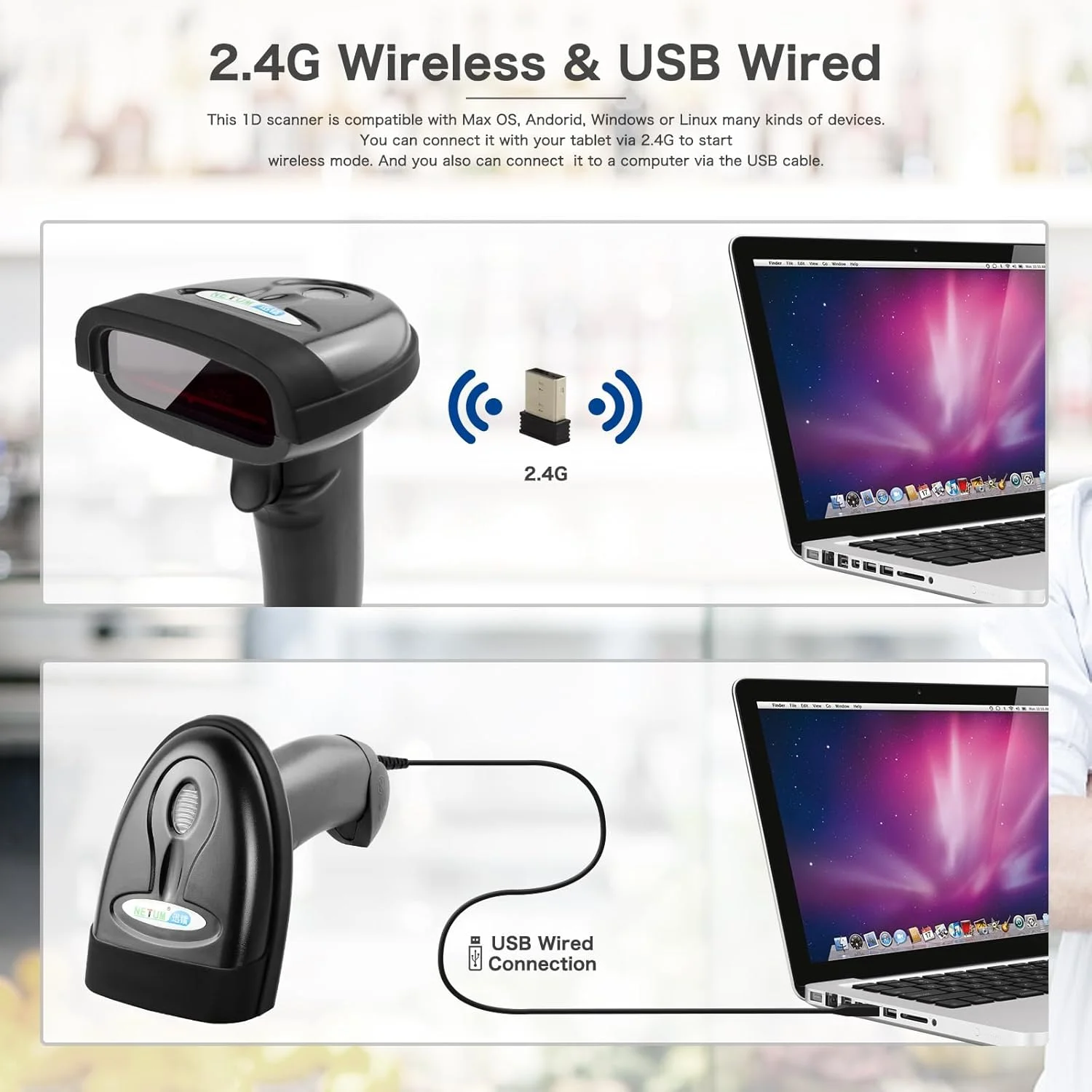 اسکنر بارکد بی سیم NETUM 2.4GHz، بارکد خوان بی سیم دستی، USB قابل شارژ، بی سیم/سیمی برای لپ تاپ، سیستم POS مدل NT-1698W اسکنر بارکد بی سیم NETUM 2.4GHz، بارکد خوان بی سیم دستی، USB قابل شارژ، بی سیم/سیمی برای لپ تاپ، سیستم POS مدل NT-1698W