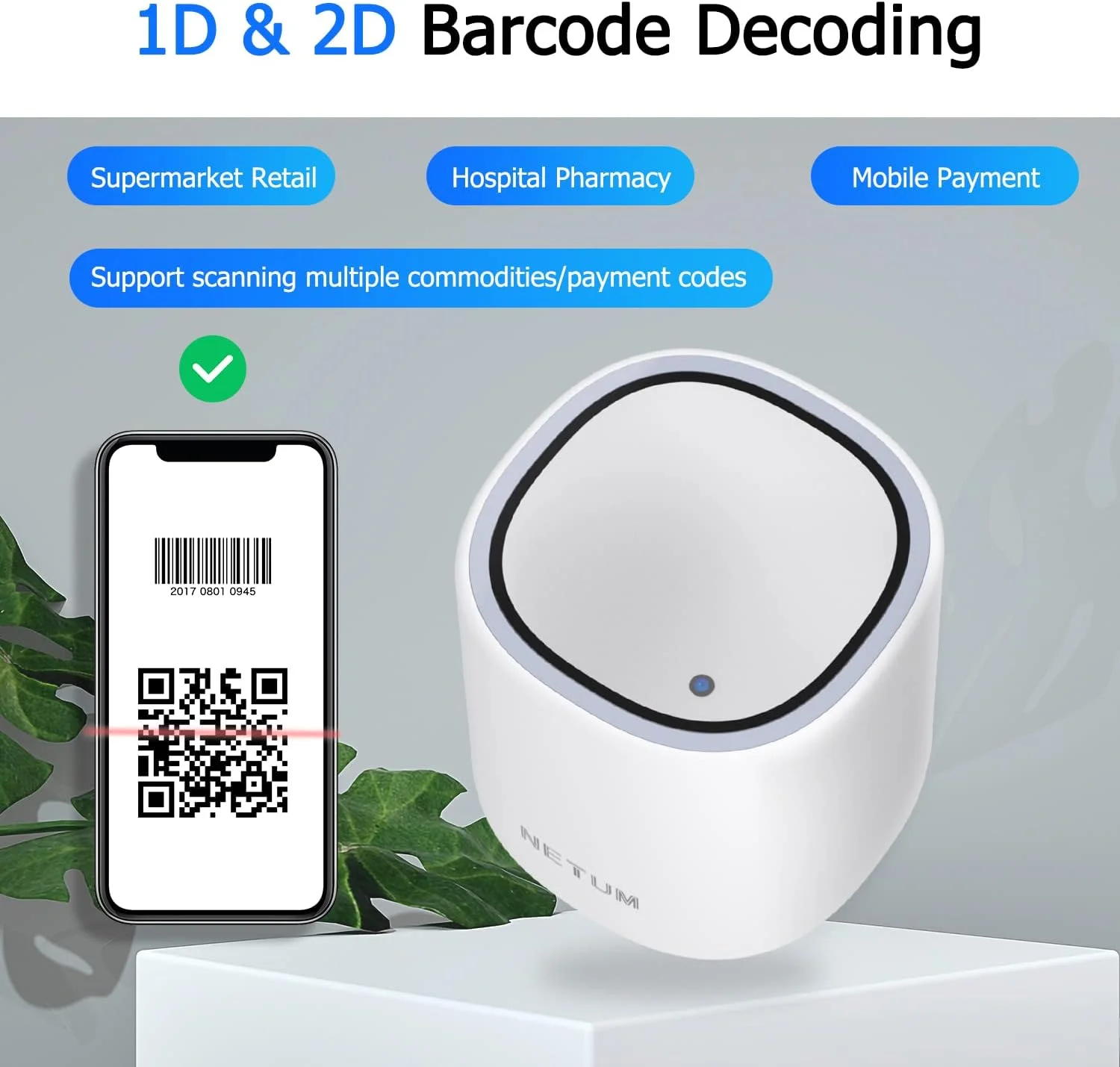 اسکنر کد QR پرداخت موبایلی NETUM، اسکنر بارکد دوبعدی سیمی USB رومیزی، اتصال و استفاده آسان برای فروشگاه های سوپرمارکت مدل NT-5090