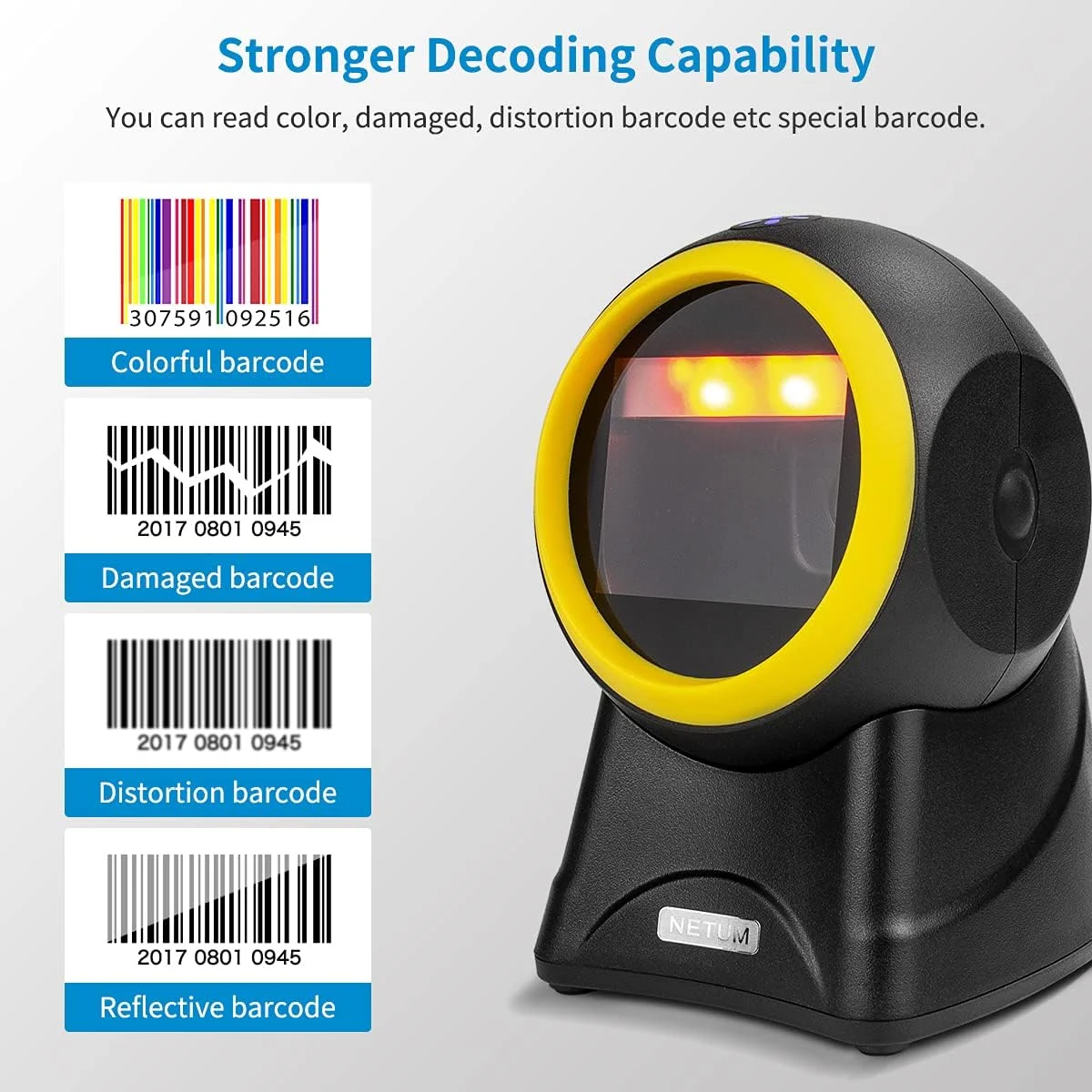 اسکنر بارکد رومیزی NETUM، 1D 2D چند جهته USB سیمی، پشتیبانی از حسگر خودکار، تشخیص خودکار زبان، سر چرخشی 30 درجه، سرعت اسکن 5 برابر، سازگار با دسکتاپ، لپ تاپ، تلفن هوشمند