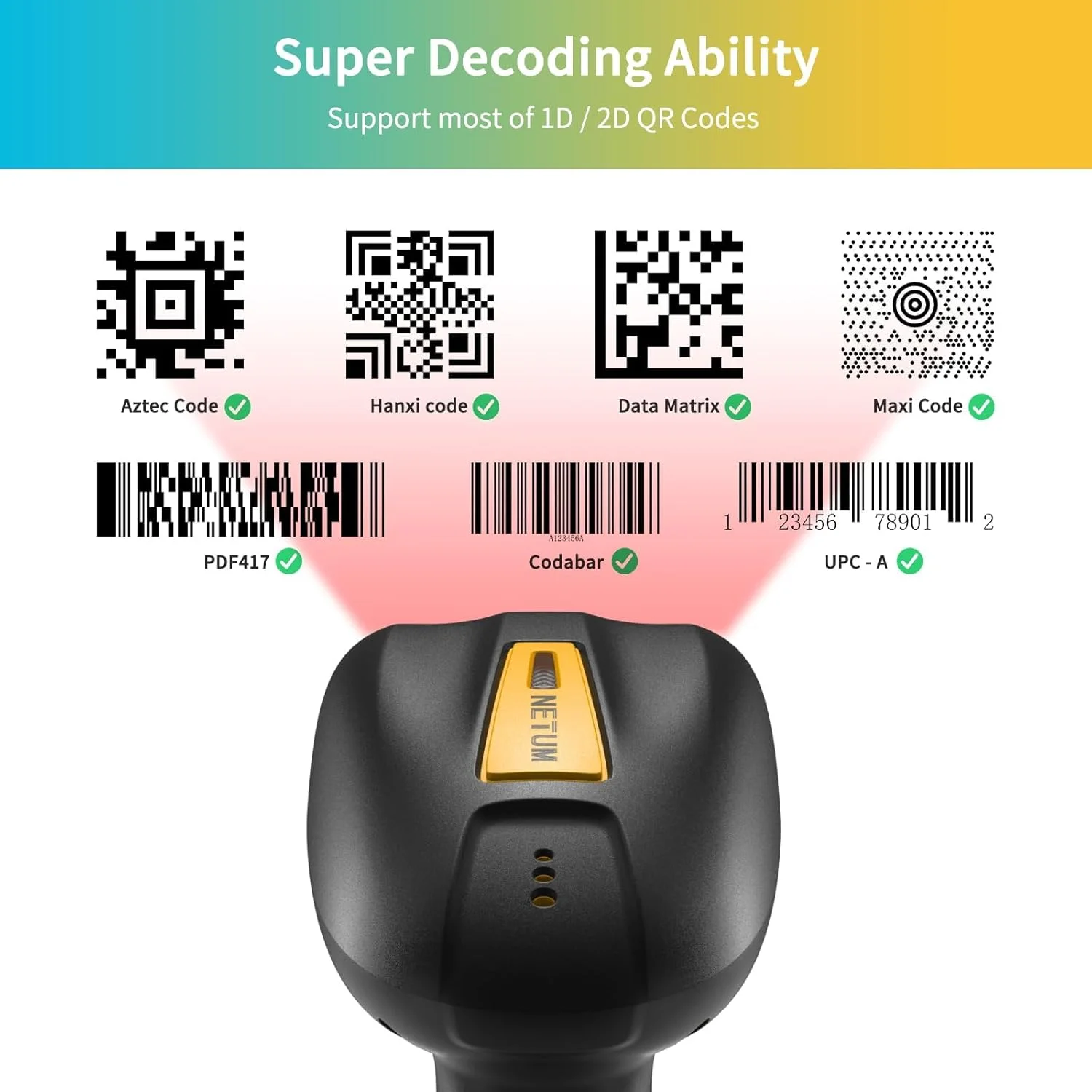 اسکنر بارکد بلوتوثی صنعتی QR ارتقا یافته NETUM با داک شارژ، بارکد خوان بی سیم 2D 1D با باتری 2600mAh، مقاوم در برابر ضربه، ضد گرد و غبار، هندزفری برای ویندوز، مک، اندروید، iOS (NT-1200) اسکنر بارکد بلوتوثی صنعتی QR ارتقا یافته NETUM با داک شارژ، بارکد خوان بی سیم 2D 1D با باتری 2600mAh، مقاوم در برابر ضربه، ضد گرد و غبار، هندزفری برای ویندوز، مک، اندروید، iOS (NT-1200)